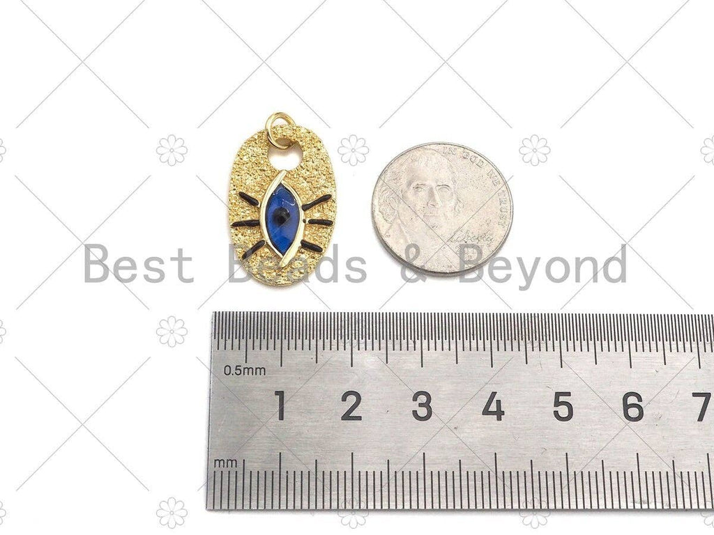 Cobalt Enamel Evil Eye On Oval Shape Pendant, 18K Gold Medallion Charm, Necklace Bracelet Charm Pendant, 25x16mm,Sku#L562