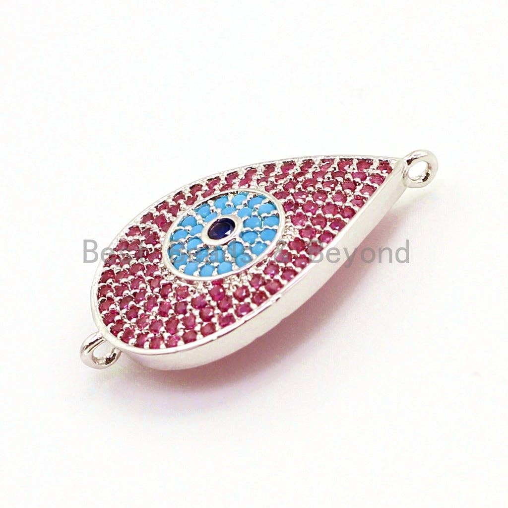 CZ Micro Pave Fuchsia Teardrop Connector with Turquoise Evil Eye for Bracelet/Necklace, Cubic Ziroconia Space Connector, 15x27mm,sku#E26C