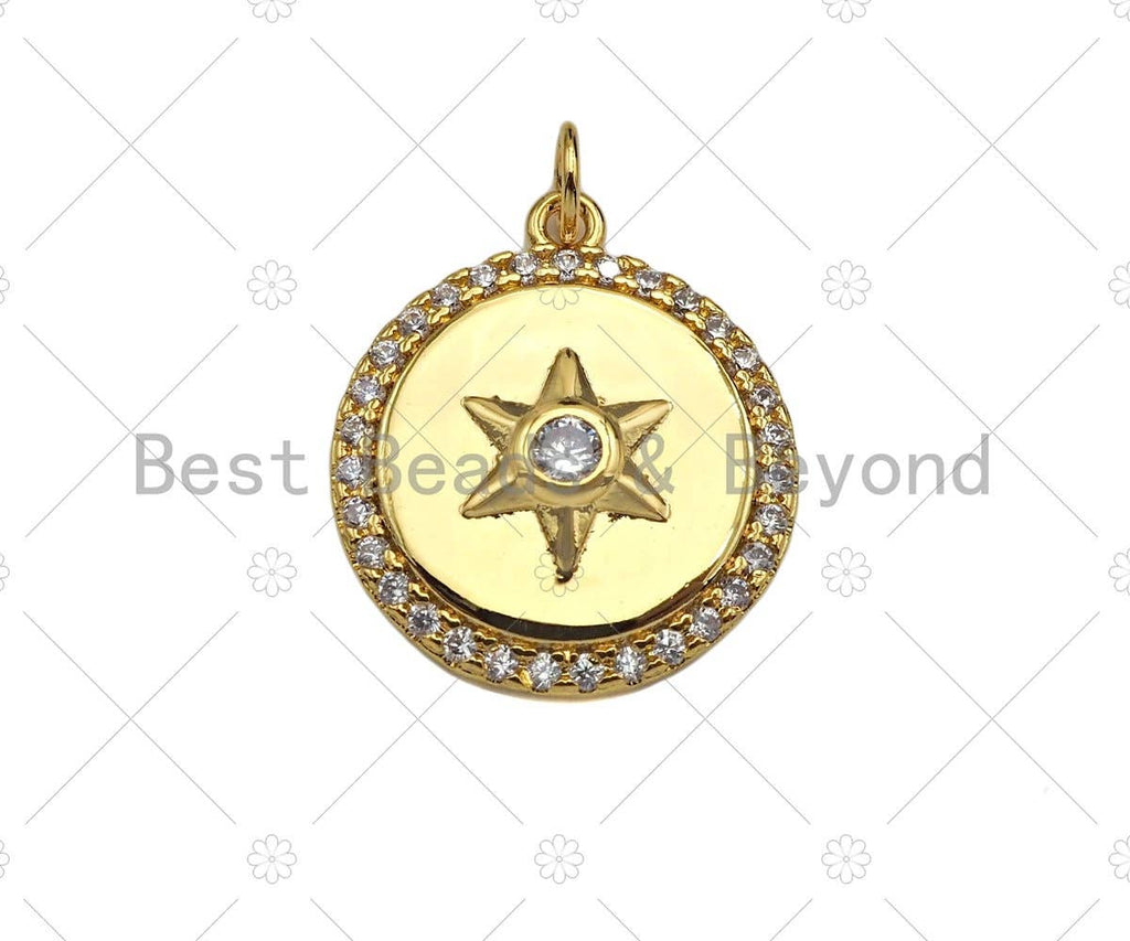 CZ Micro Pave North Star On Round Coin Pendant/Charm,Cubic Zirconia Star Charm, Necklace Bracelet Charm Pendant,15x17mm, Sku#Y395