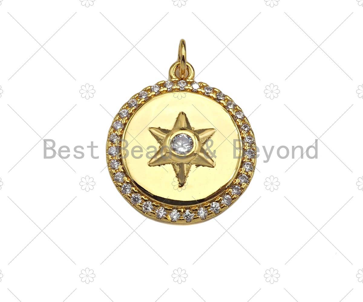 CZ Micro Pave North Star On Round Coin Pendant/Charm,Cubic Zirconia Star Charm, Necklace Bracelet Charm Pendant,15x17mm, Sku#Y395
