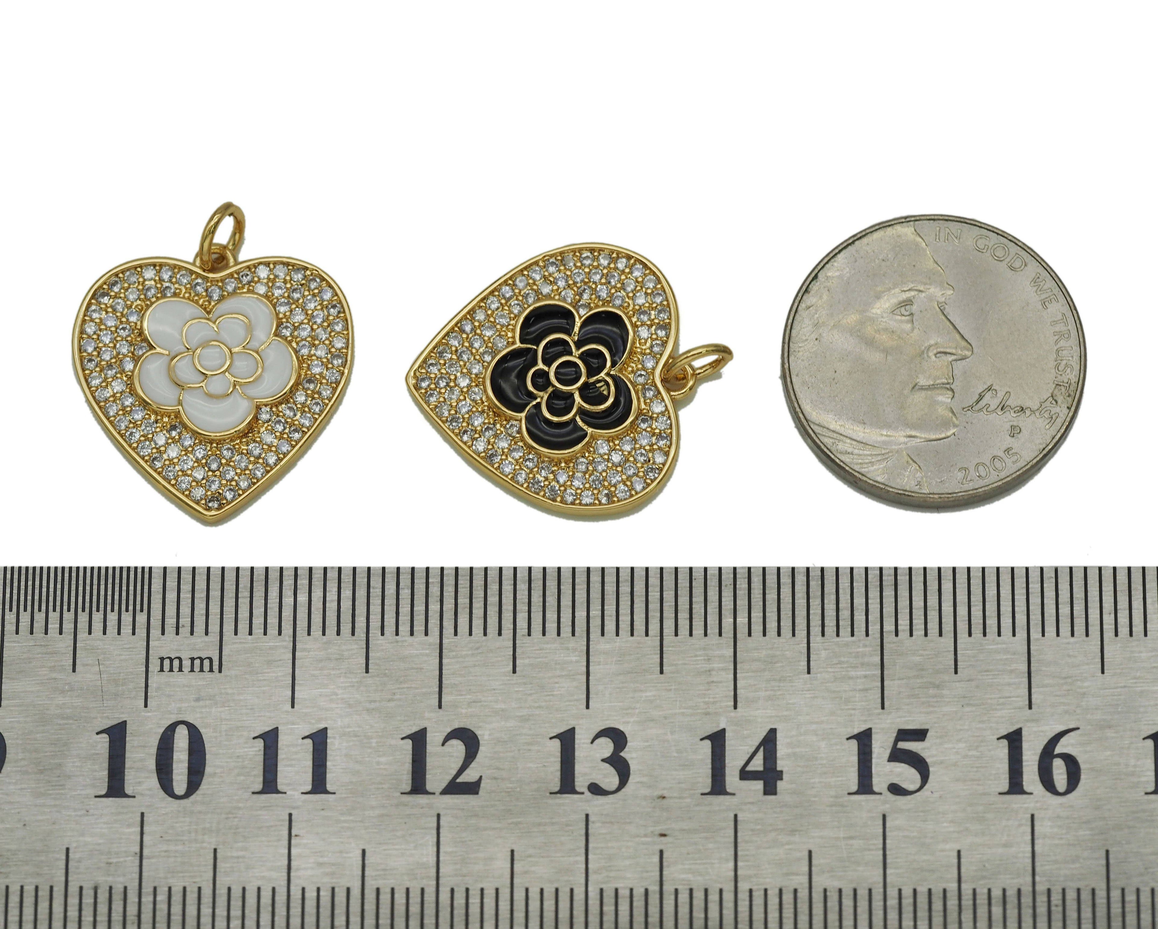 Black White Enamel Rose Flower On CZ Heart Charm, Sku#L671