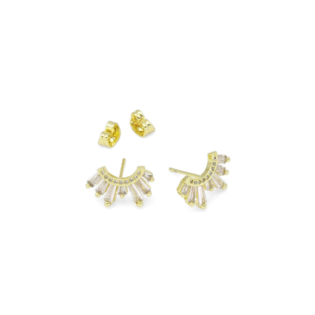 Gold Baguette CZ Half Circle Radial Stud Earrings, Sku#LX424c