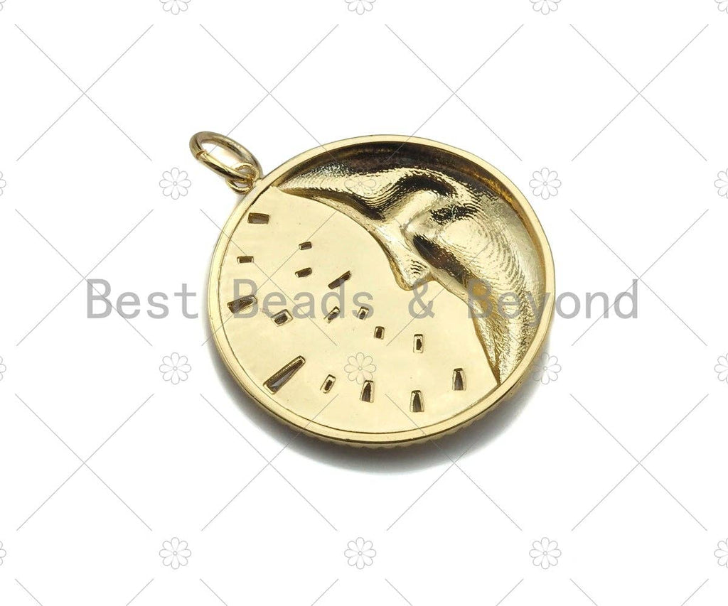 CZ Micro Pave Moon with Radiation Light Round Coin Pendant/Charm, Large Gold/Silver/Rose Gold/Gunmetal Coin Pendant, 31mm, sku#Y297