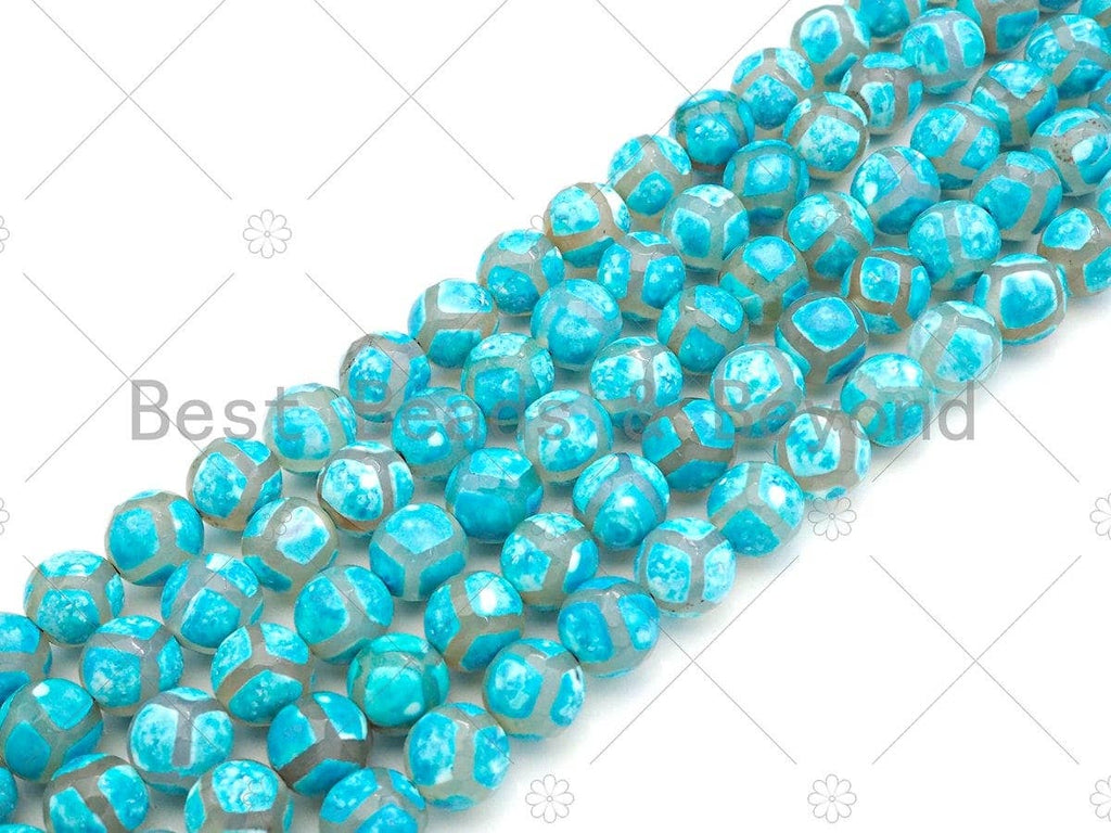 Natural Tibetan Blue Football Agate Beads, Dzi Football Agate Beads, 8mm/10mm/12mm Tibetan Round Faceted Agate,15.5" Full Strand, Sku#U1115