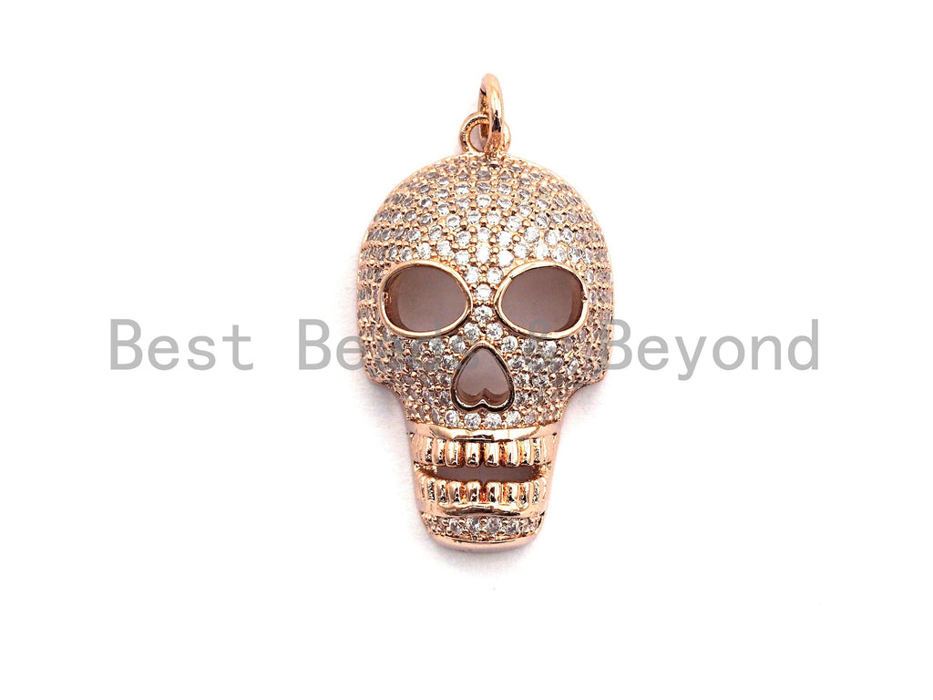 CZ Clear/Black Micro Pave Skull Pendant, CZ Pave Pendant, Gold/Rose Gold/Silver/Gunmetal plated,Halloween Pave, 9x16x28mm, Sku#F809