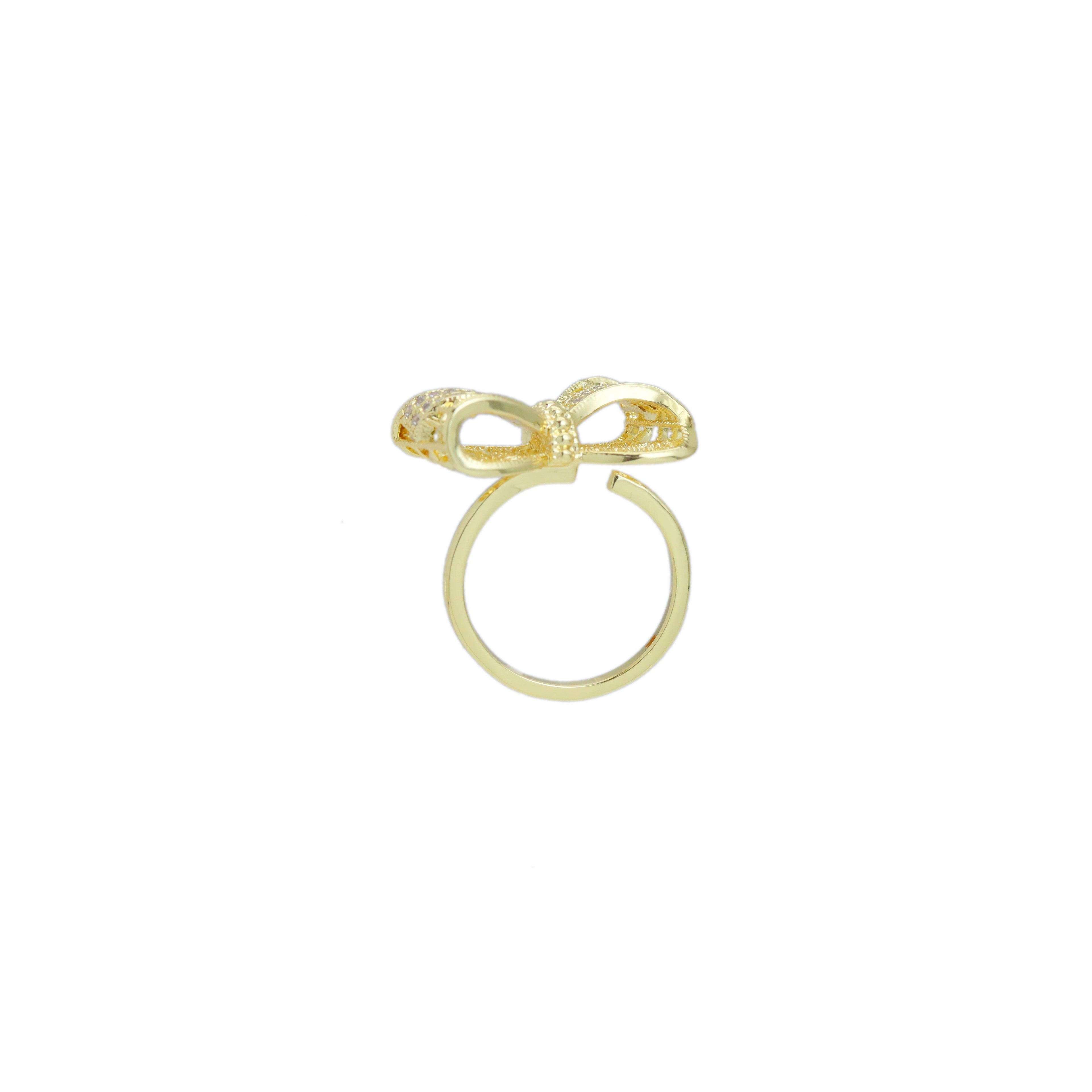 Gold Clear CZ Filigree Bowknot Statement Adjustable Ring, Sku#LX529