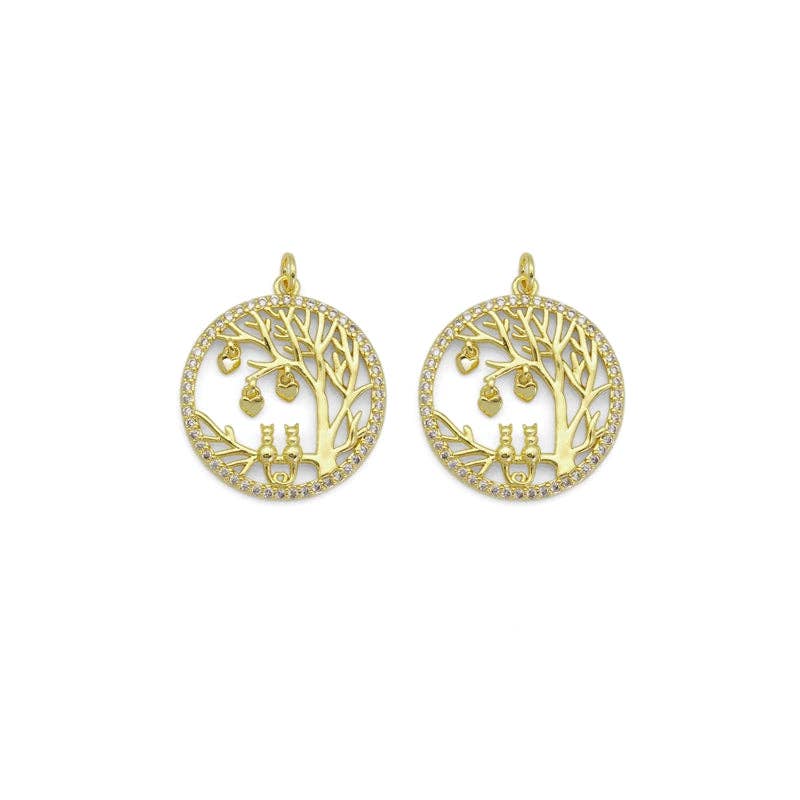 Gold CZ Tree Kitty Heart On Round Circle Charm, Sku#LD422