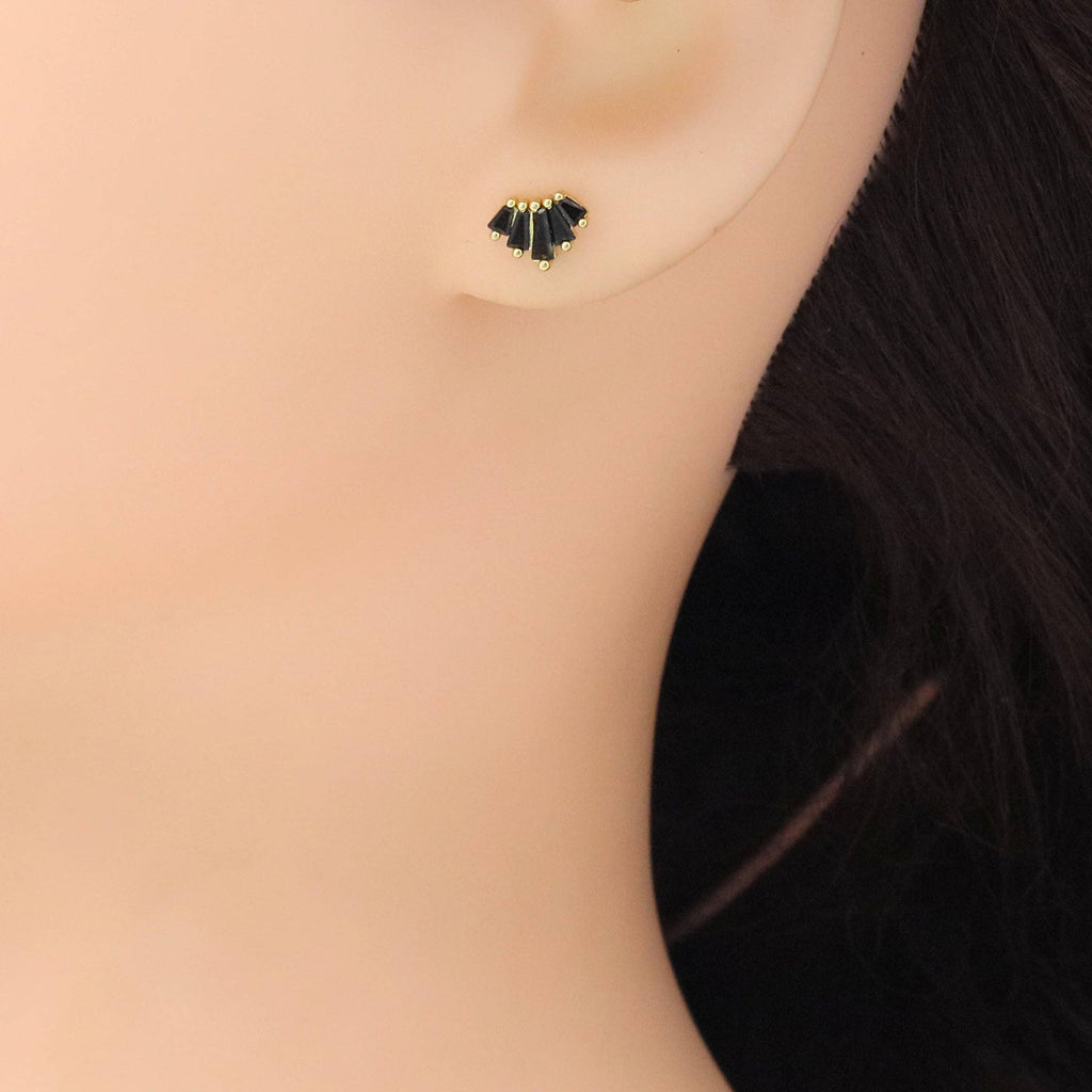 Clear Black Baguette CZ Fan Shape Earrings, Sku#A392
