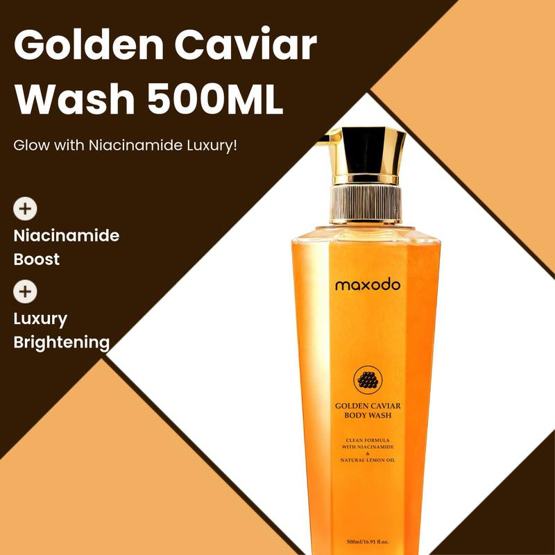 Maxodo Golden Caviar Glow Wash 500Ml - Niacinamide Enriched Luxury Body Cleanser for Radiant Skin Brightening & Mite Removal with Lemon Fragrance