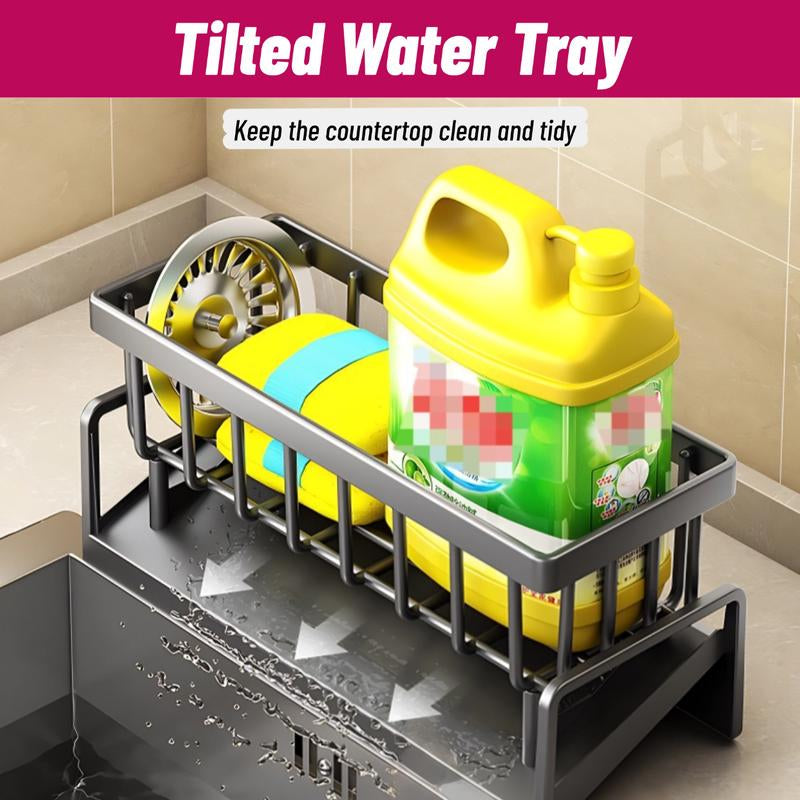 Sponge Holder for Kitchen Sink, Sink Caddy with High Brush Holder, Stainless Steel Dish Sponge with Divider, Dish Soap Dispenser Storage Organizer Racks