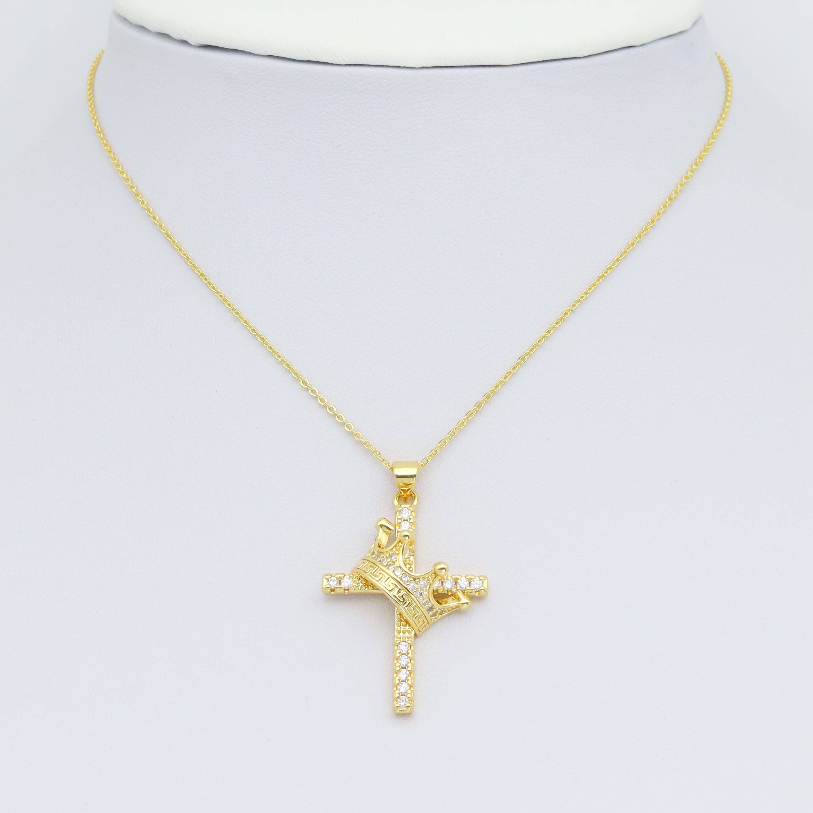 Gold Silver Clear CZ Crown Cross Charm Pendant, Sku#LD637