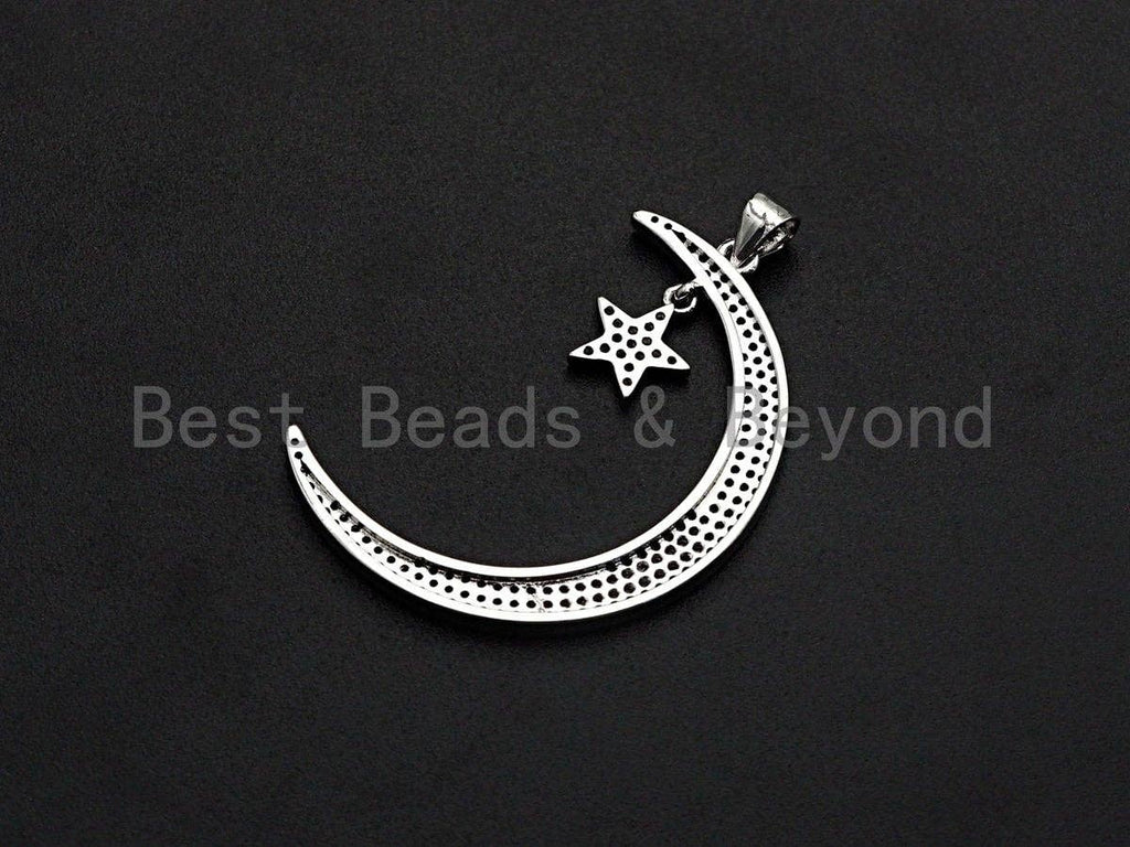 CZ Micro Pave Crescent Moon and Star Pendant ,Gold/Silver/Bl
