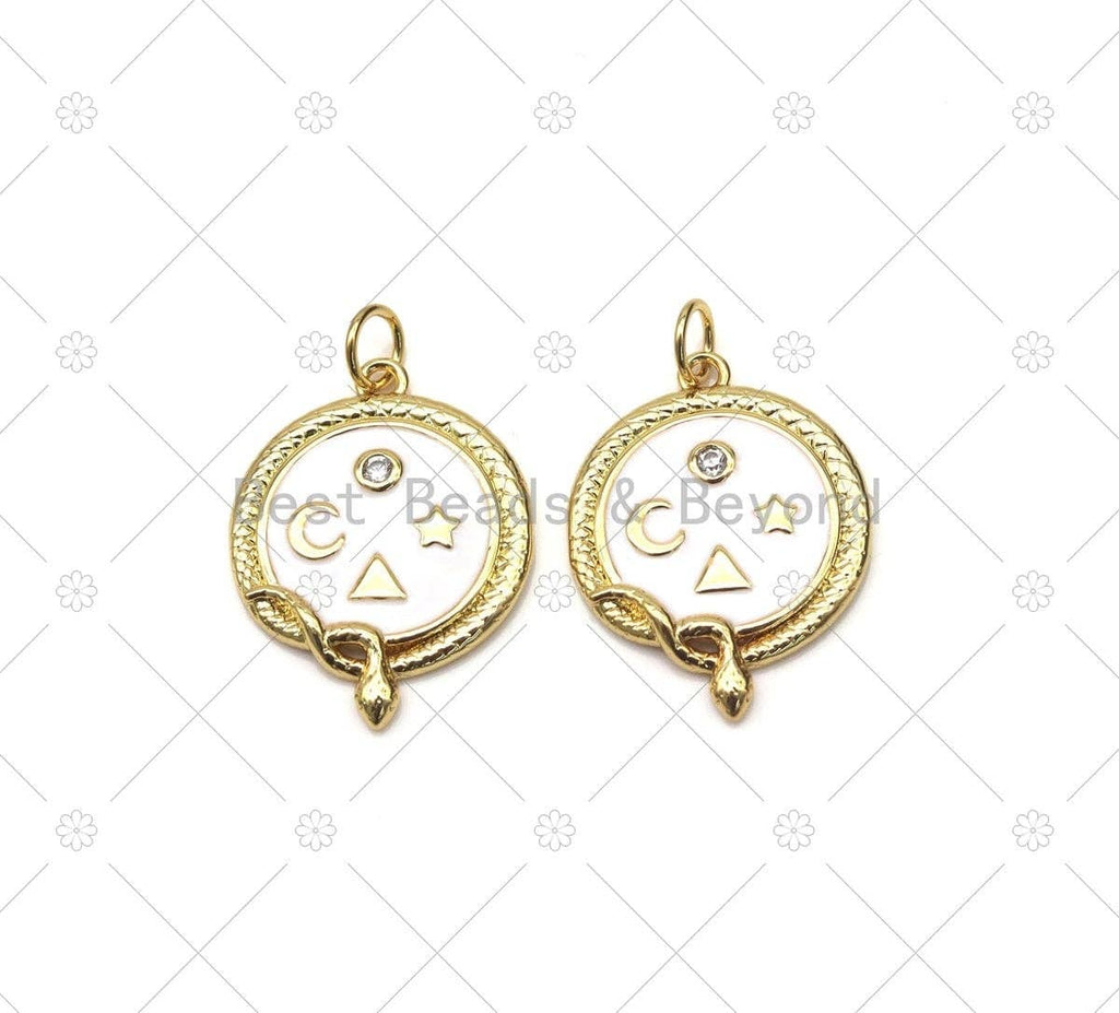 CZ Micro Pave Star Moon Triangle on Round Coin Shape Pendant, 18K Gold Filled Snake Charm, Necklace Bracelet Charm Pendant, Sku#Y556