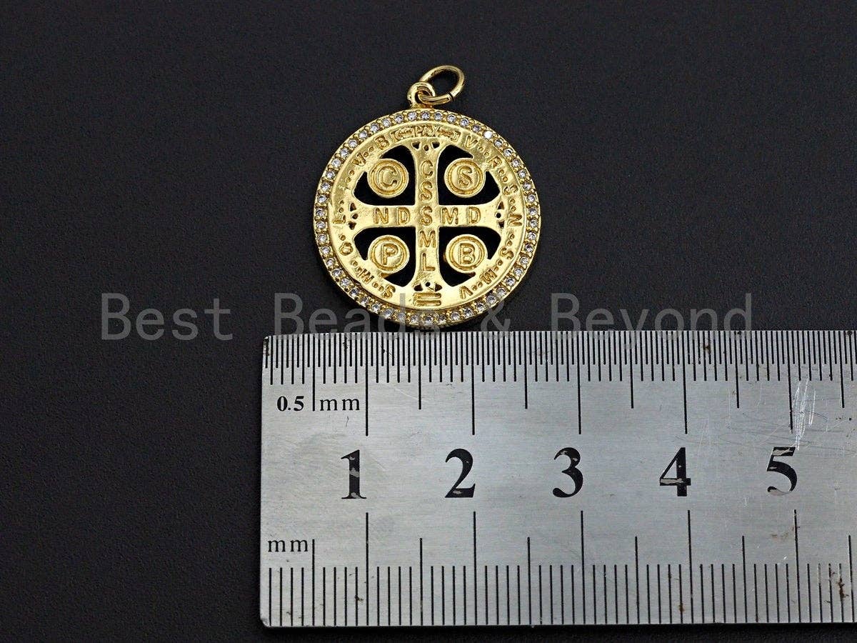 18K Gold Saint Bendict Benito Pendant Charm, Cubic Zirconia Charm, Regilous Jewelry Findings, 22mm,sku#Z852