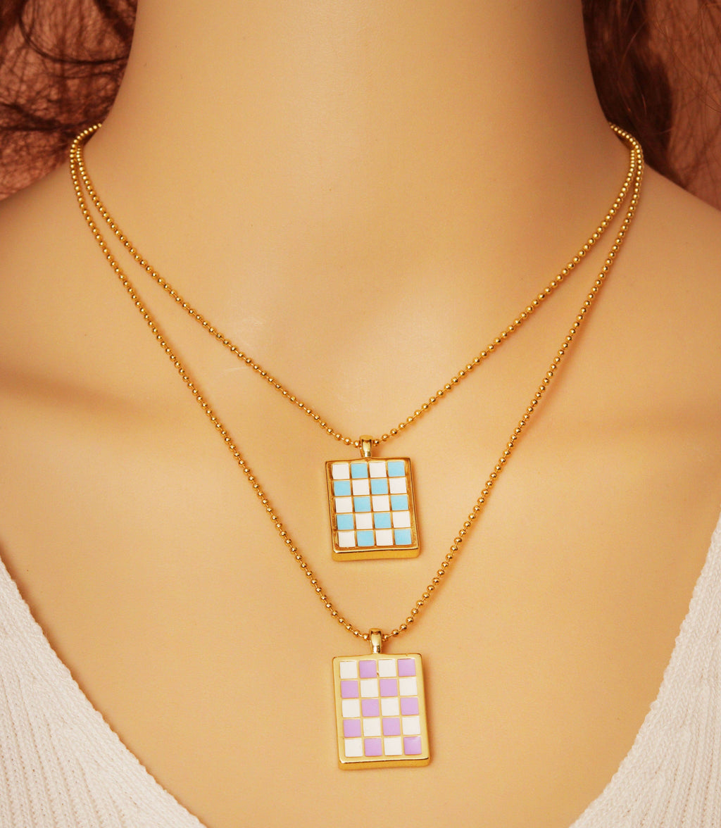 Enamel Checkboard Dog Tag Pendant Necklace,sku#EF242