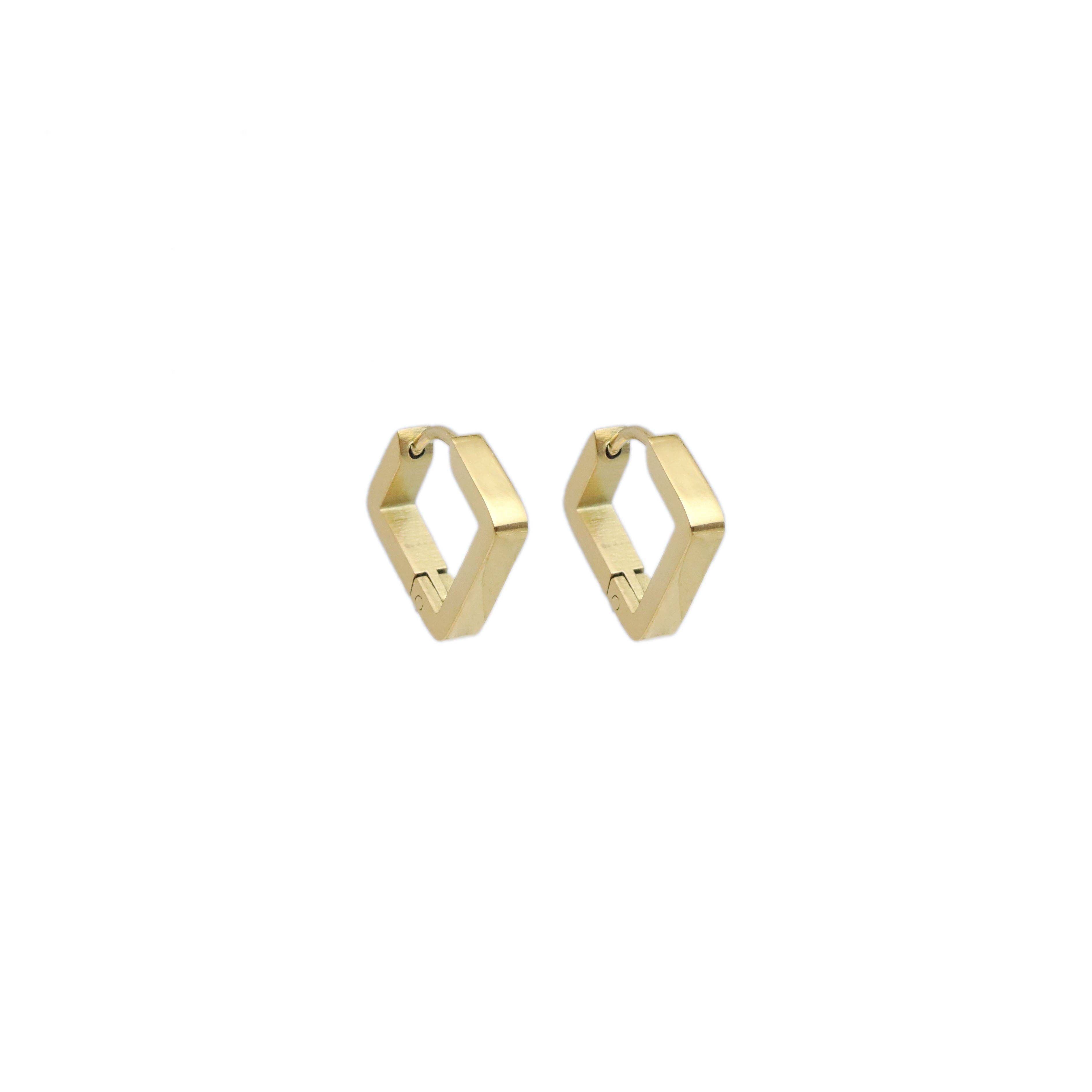 Gold Square Diamond Shape Geometry Huggie Earrings, Sku#A254