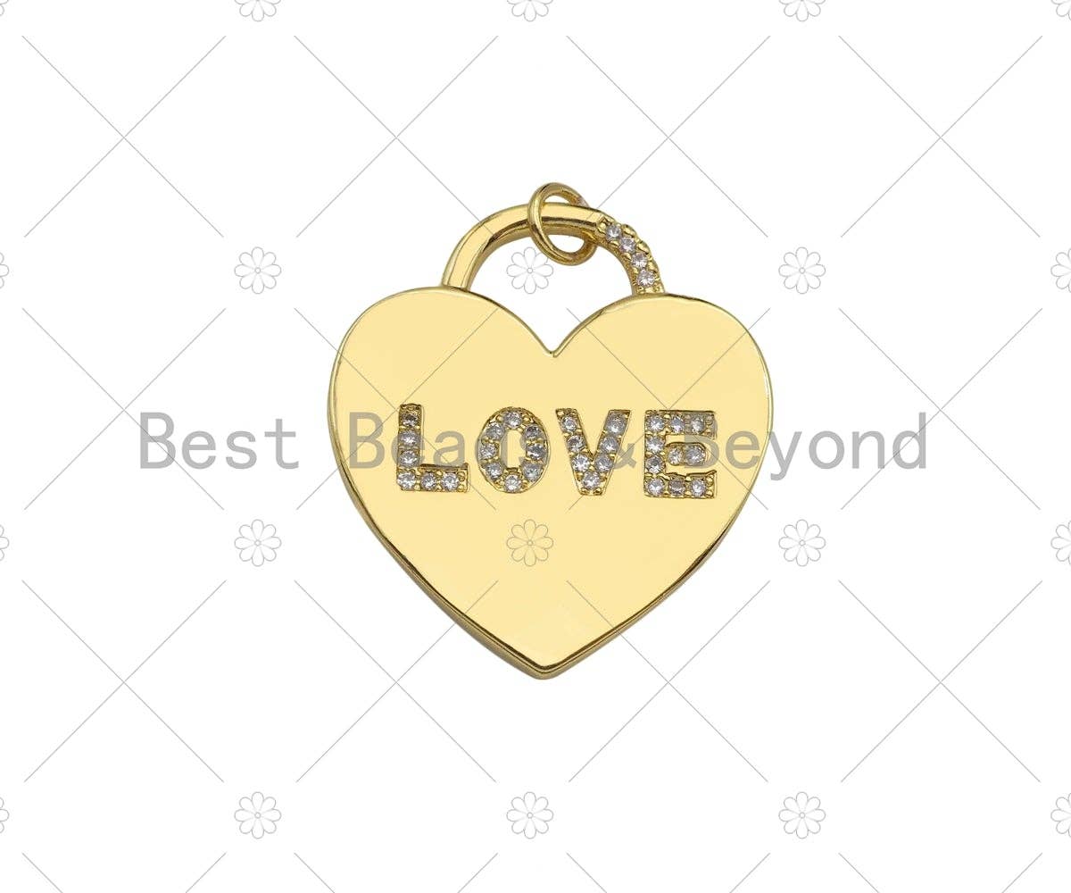 CZ Micro Pave Love Word On Heart Lock Shape Pendant/Charm, 18K Gold Filled Heart Charm, Necklace Bracelet Charm Pendant,25x28mm,Sku#LD104