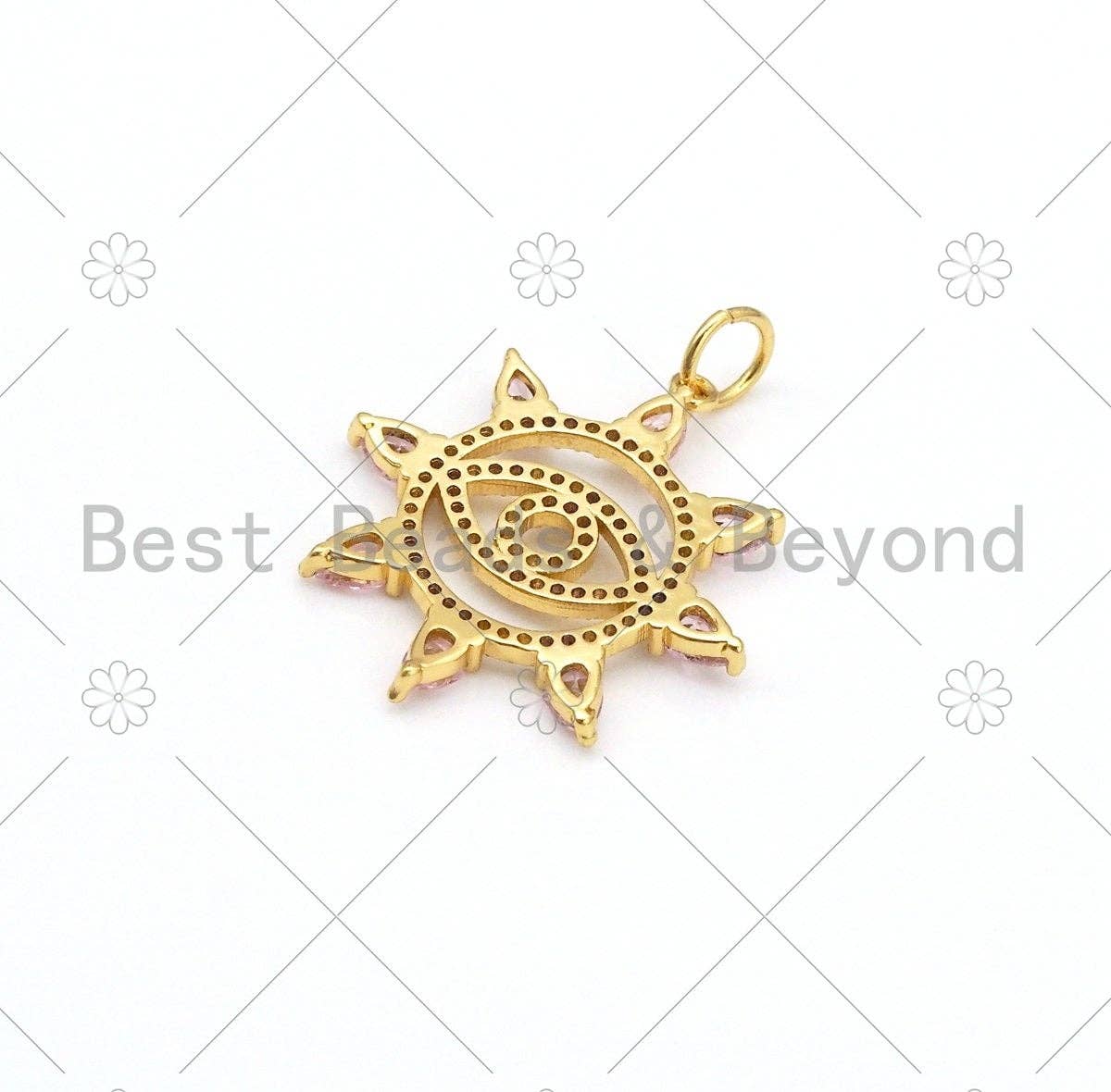 CZ Micro Pave Evil Eye On Pink CZ Sun Shape Pendant,18K Gold Filled Evil Eye Charm, Necklace Bracelet Charm Pendant, 28x25mm,Sku#Z1389