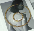 Pink Heart Lock Cuban Chain Necklace Bracelet, sku#EF164