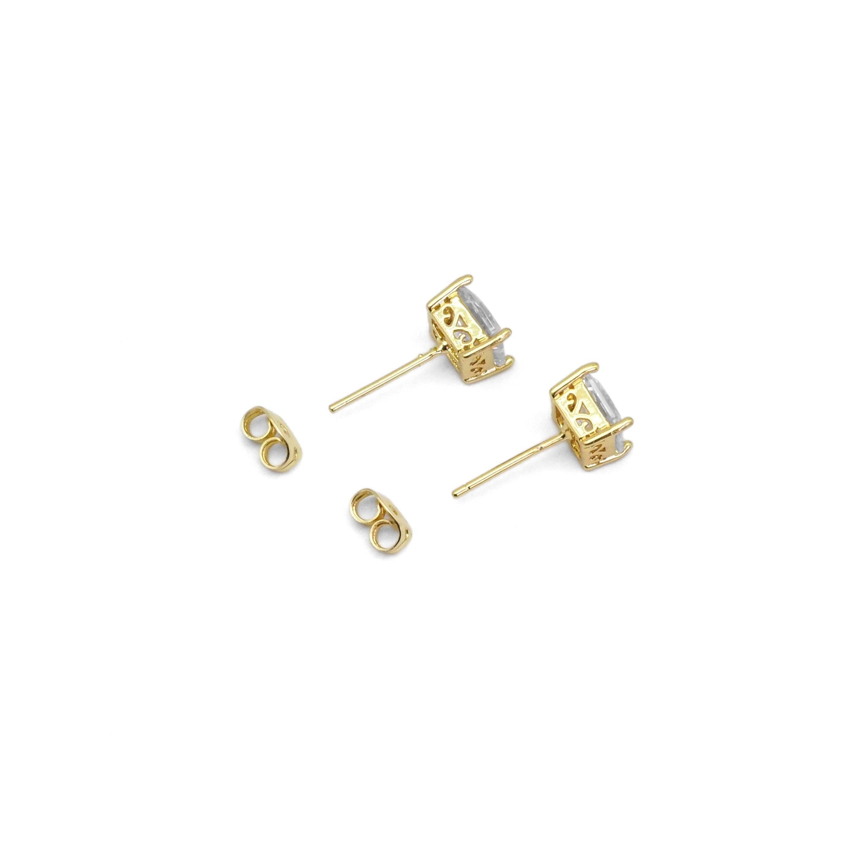 Gold Clear Pink Square CZ Stud Earrings, Sku#LX295