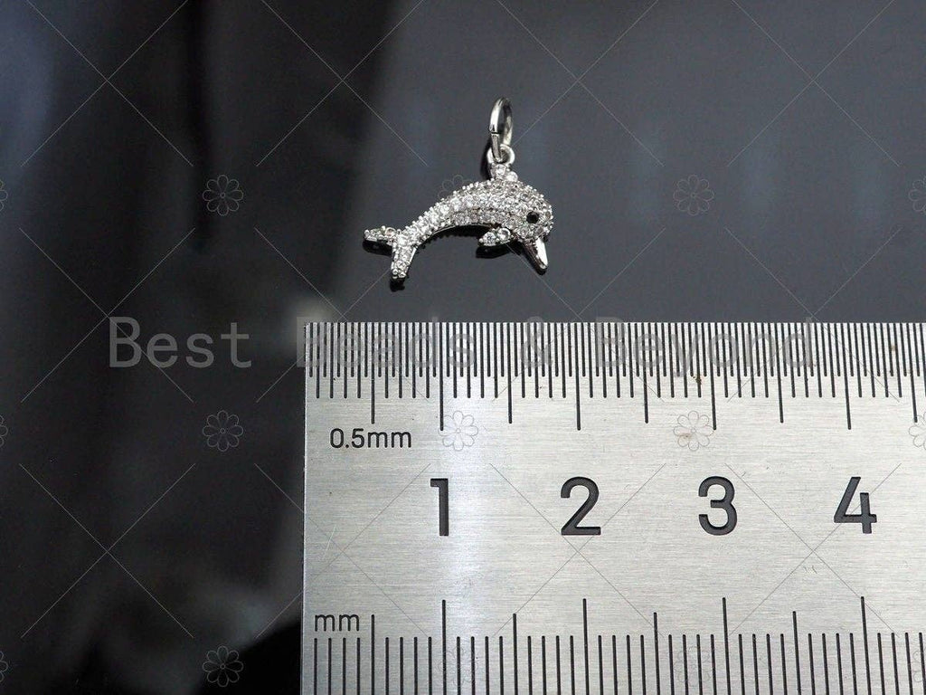 CZ Micro Pave Dolphin Shape Pendant/Charm, Bracelet Necklace CZ  Dolphin Pendant Charm, Real Gold Plated Charm, 14x10mm,Sku#Y370