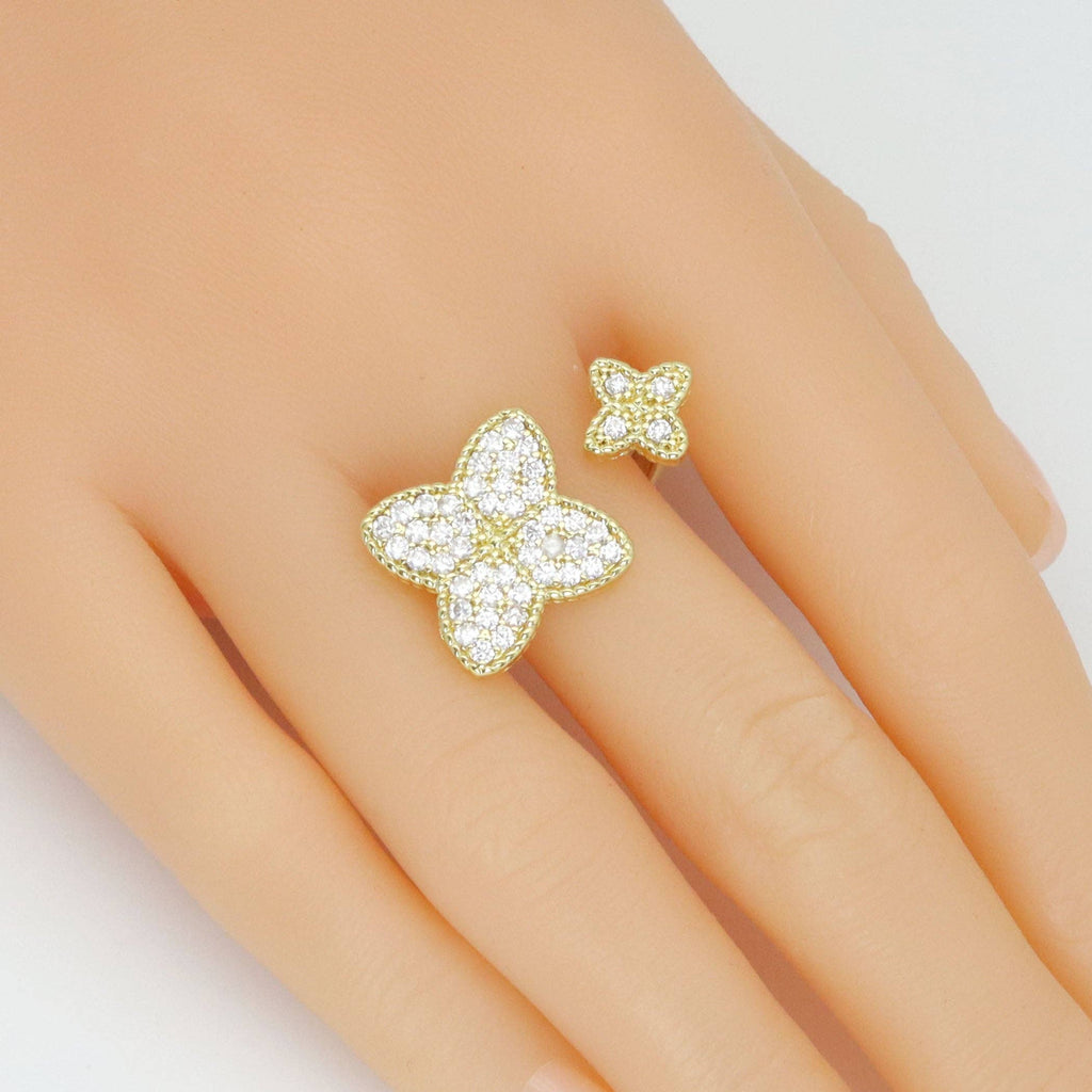Gold Clear CZ Clover Statement Adjustable Ring, Sku#LK1008
