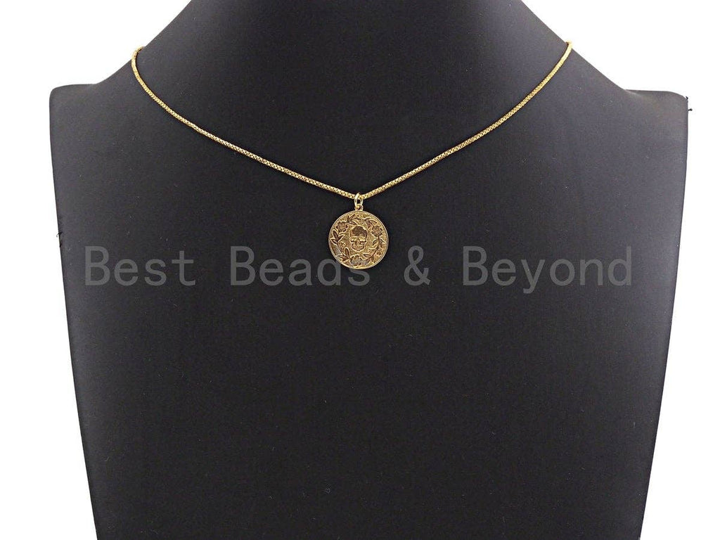 Medallion Skull Olive Branch Coin Pendant/Charm,Skull Cubic Zirconia Pendant, Silver/Gold/Black Tone,18x20mm,Sku#Z434