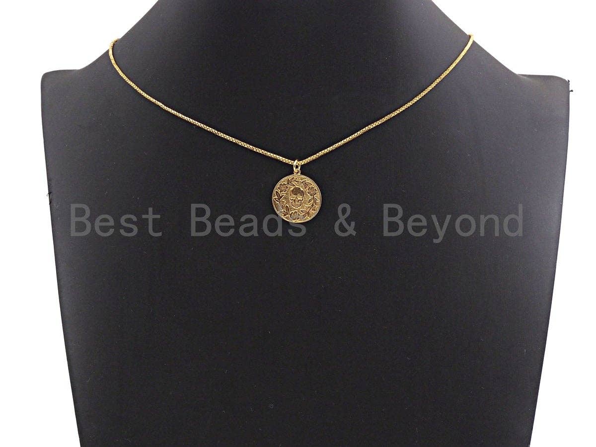 Medallion Skull Olive Branch Coin Pendant/Charm,Skull Cubic Zirconia Pendant, Silver/Gold/Black Tone,18x20mm,Sku#Z434