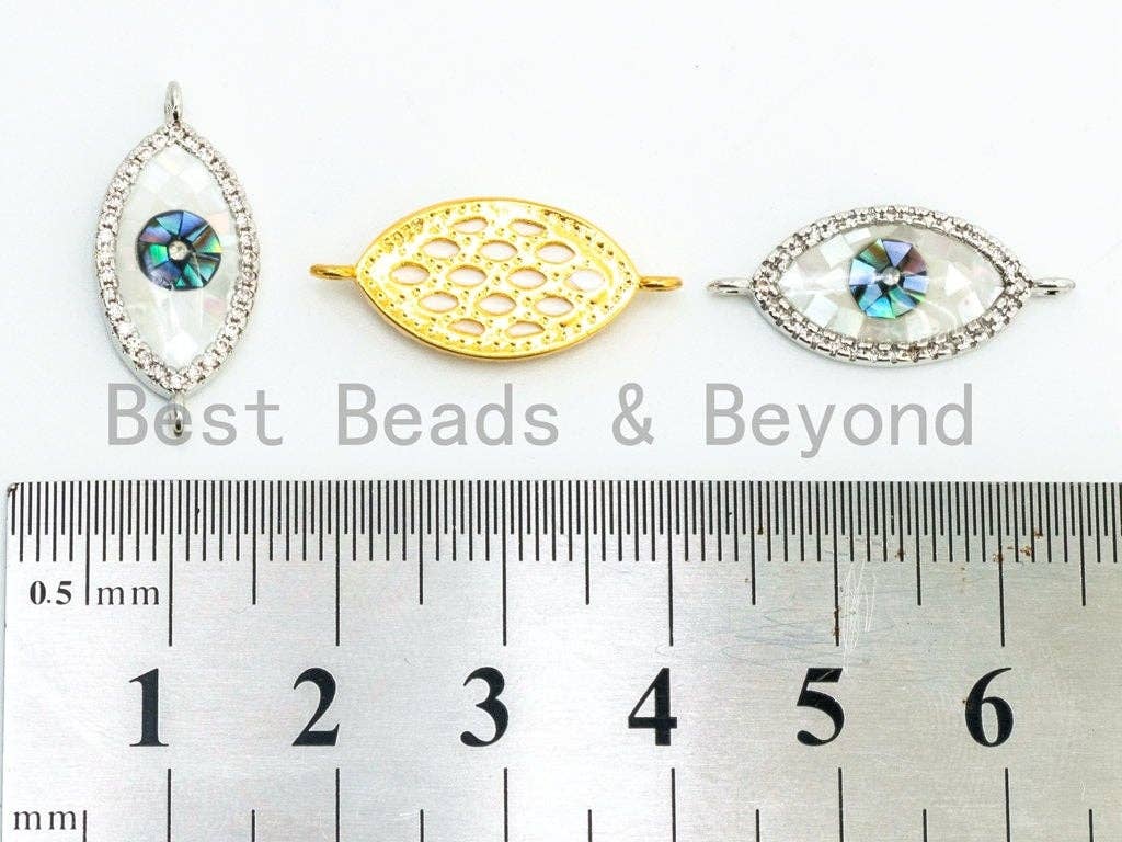 CZ Micro Pave Evil Eye Connector with Abalone Pearl Shell, Cubic Zirconia Space Connector, CZ Abalone Pearl Charm 10x23mm, 1pc,SKU#Z24