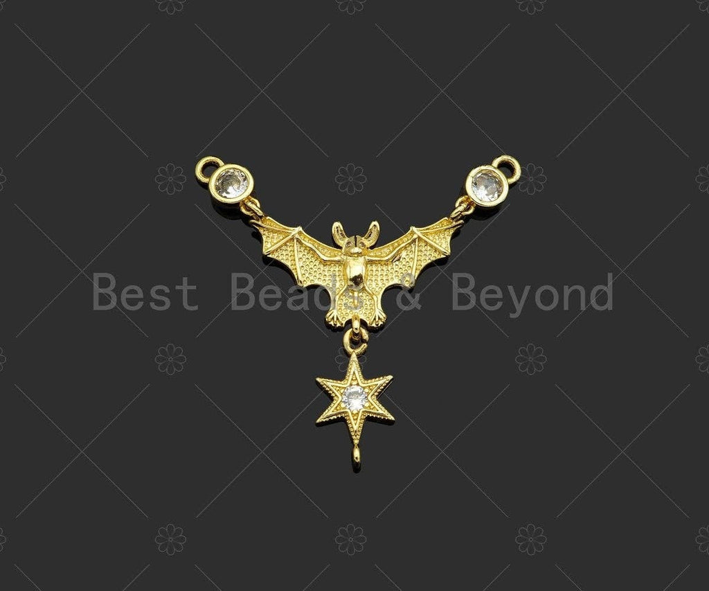 Gold Filled CZ Micro Pave Bat With North Star Shape Pendant,18K Gold Filled Bat Charm, Necklace Bracelet Charm Pendant, 42x31mm,Sku#Z1370