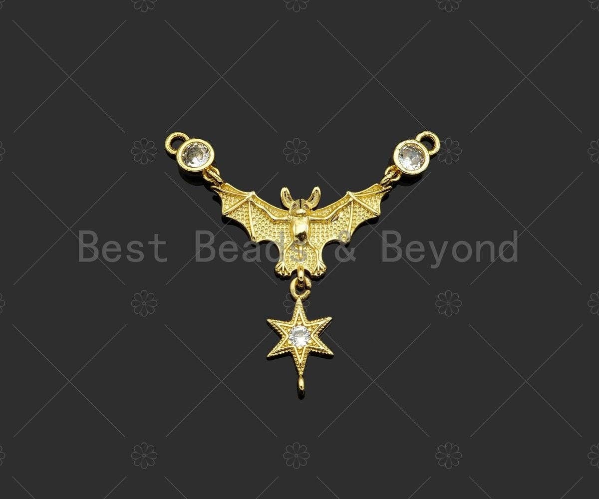 Gold Filled CZ Micro Pave Bat With North Star Shape Pendant,18K Gold Filled Bat Charm, Necklace Bracelet Charm Pendant, 42x31mm,Sku#Z1370