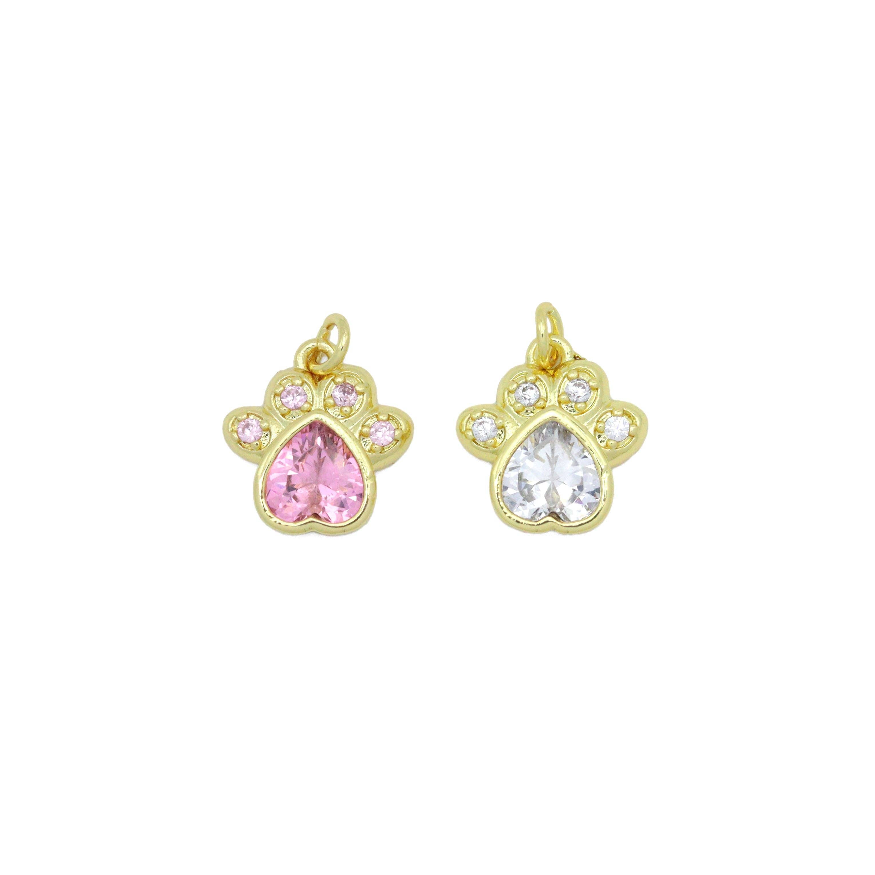 Clear Pink CZ Gold paw Charm Pendant, Sku#LK1080