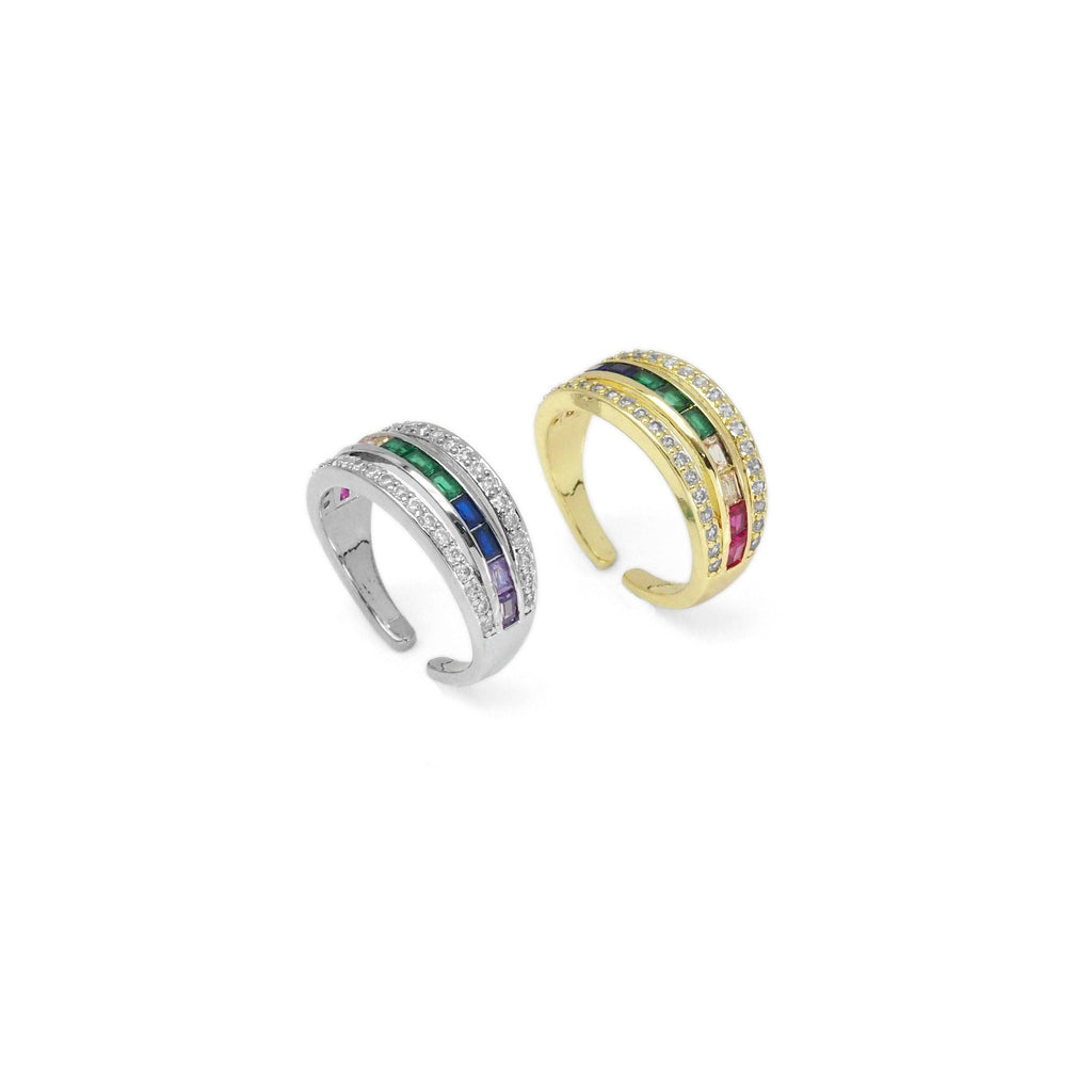 Gold Silver Colorful Baguette CZ Adjustable Ring, Sku#LX397