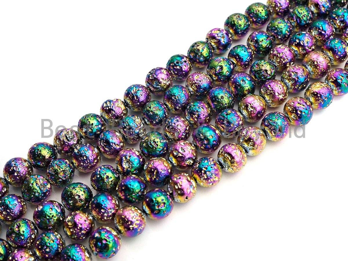 NEW COLOR!!! RAINBOW Plated Lava Round Beads, 8mm/10mm/12mm Rainbow Gemstone Beads, Wholesale Gemstone Beads, 15.5" Full Strand, sku#U873