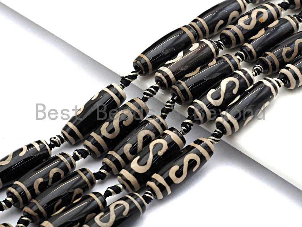 1pc/10pc Natural Tibetan Agate long Barrel Beads, Black White Dzi long oval beads, Zodiac Barrel Agate Beads, 10x30mm,sku#U489