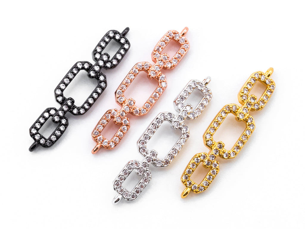 CZ Micro Pave Triple Rings Chain Shaped Connector, Cubic Zirconia Necklace Bracelet Chain Connector in Rose Gold, 28x6mm,sku#E295C