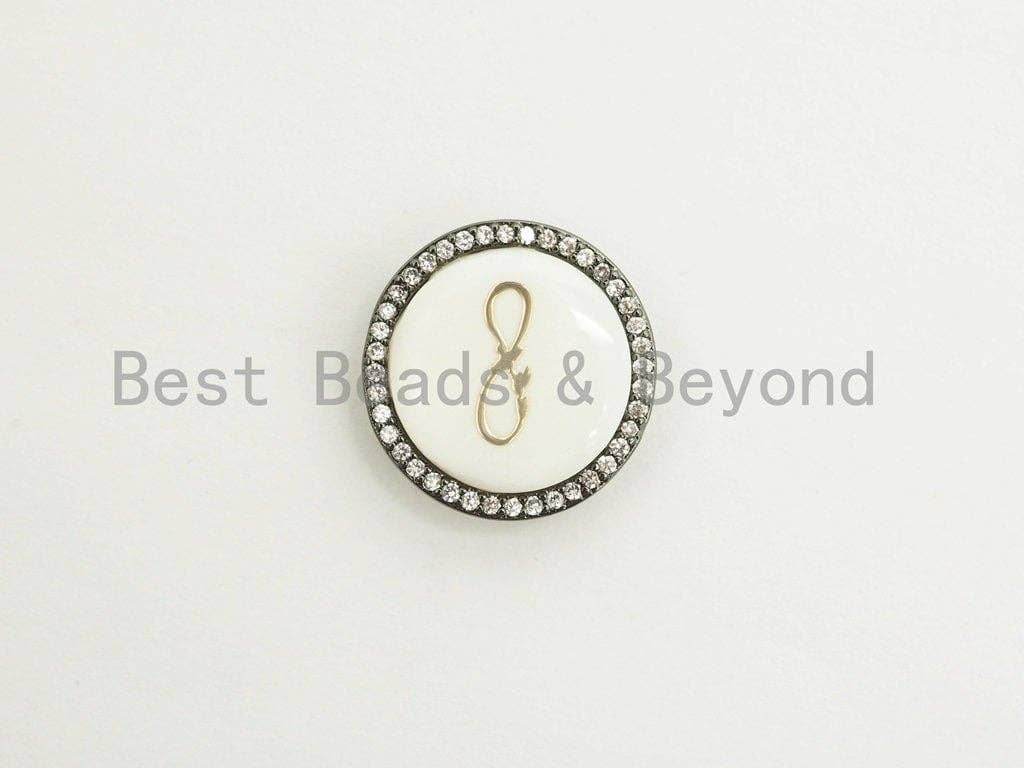 CZ Micro Pave Gilding Infinity Symbol on Mother of Pearl Round Beads, Pave Pendant Connector Beads for Bracelet/Necklace, 19mm,sku#Z246