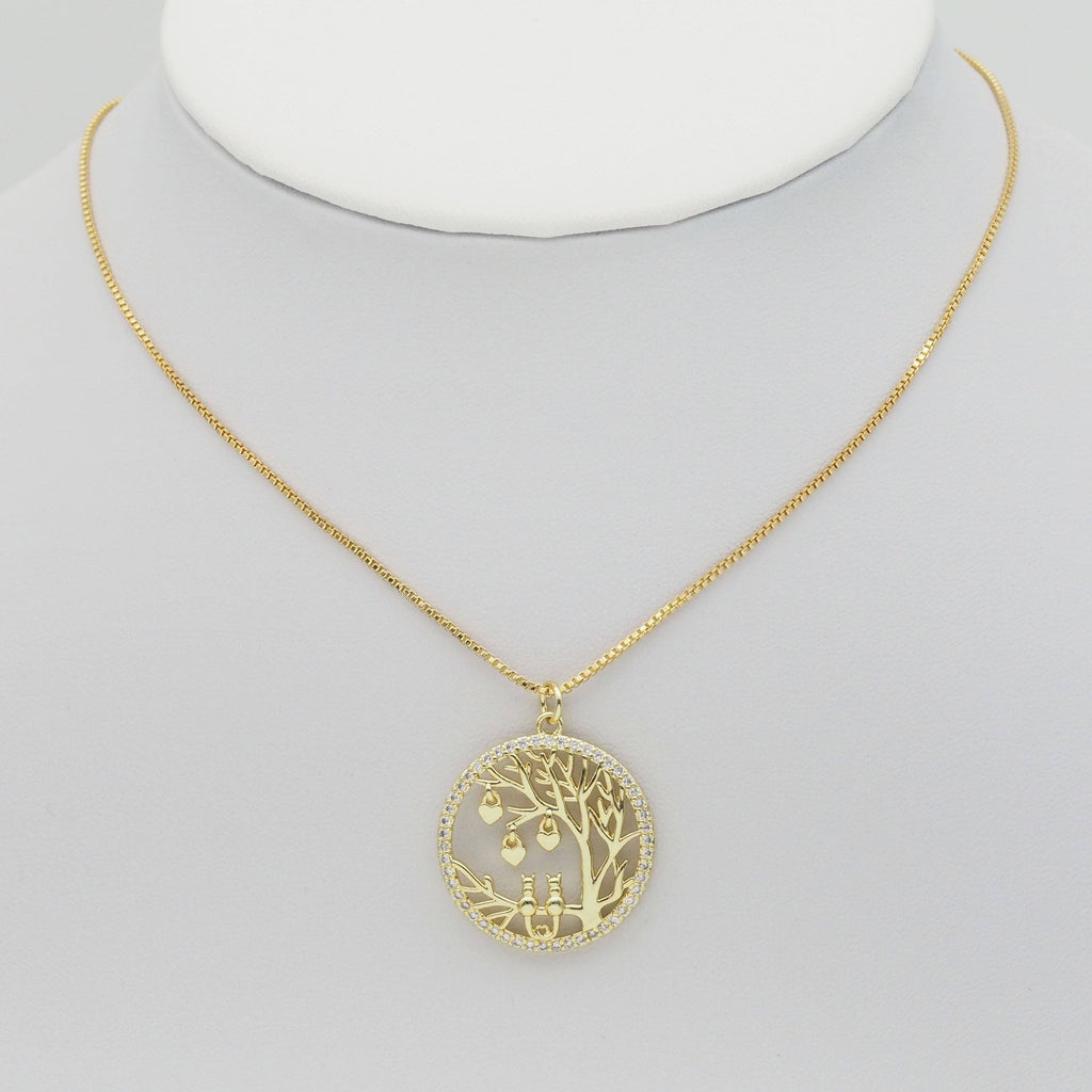Gold CZ Tree Kitty Heart On Round Circle Charm, Sku#LD422