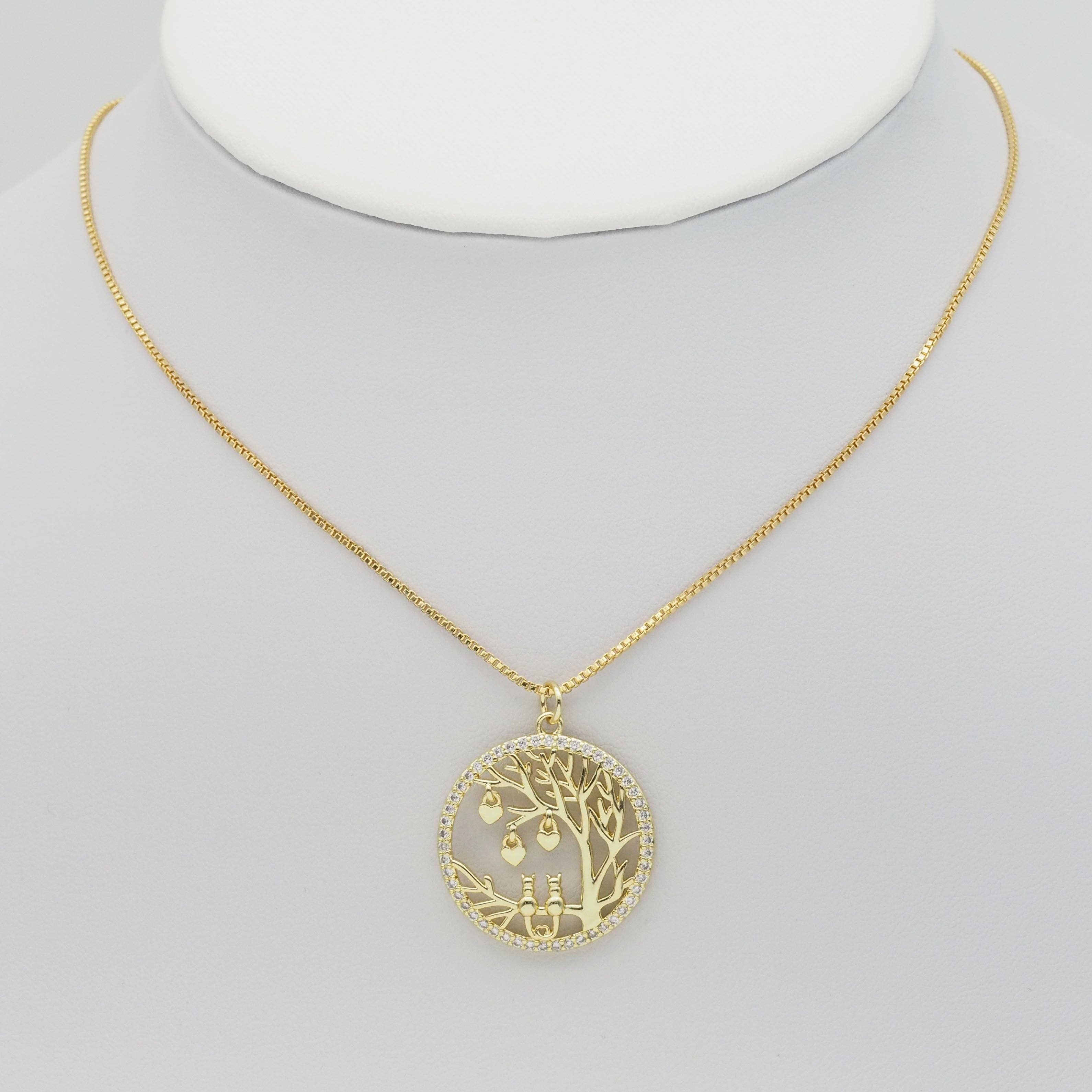 Gold CZ Tree Kitty Heart On Round Circle Charm, Sku#LD422