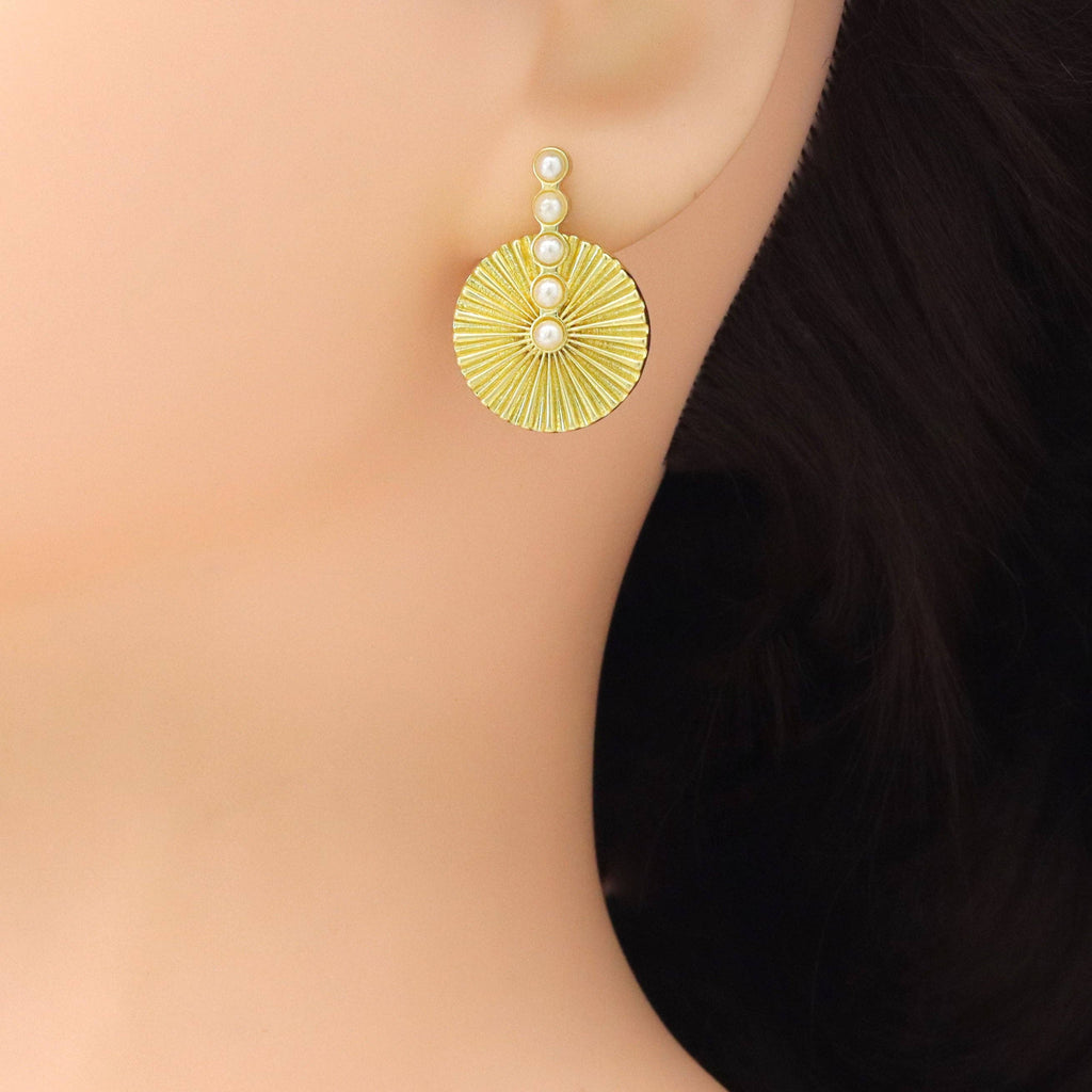 Gold Silver White Pearl Radical Disc Stud Earrings, Sku#LX742