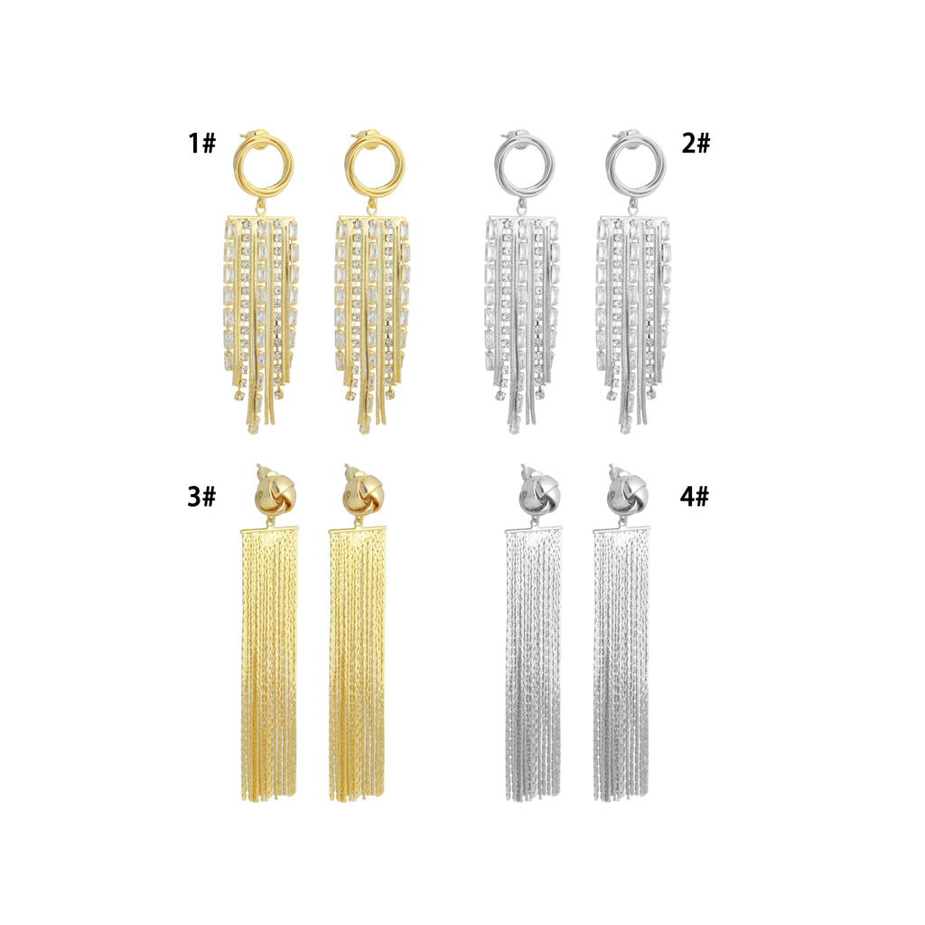 Clear CZ Gold Silver Tassels Statement Earrings, Sku#O130