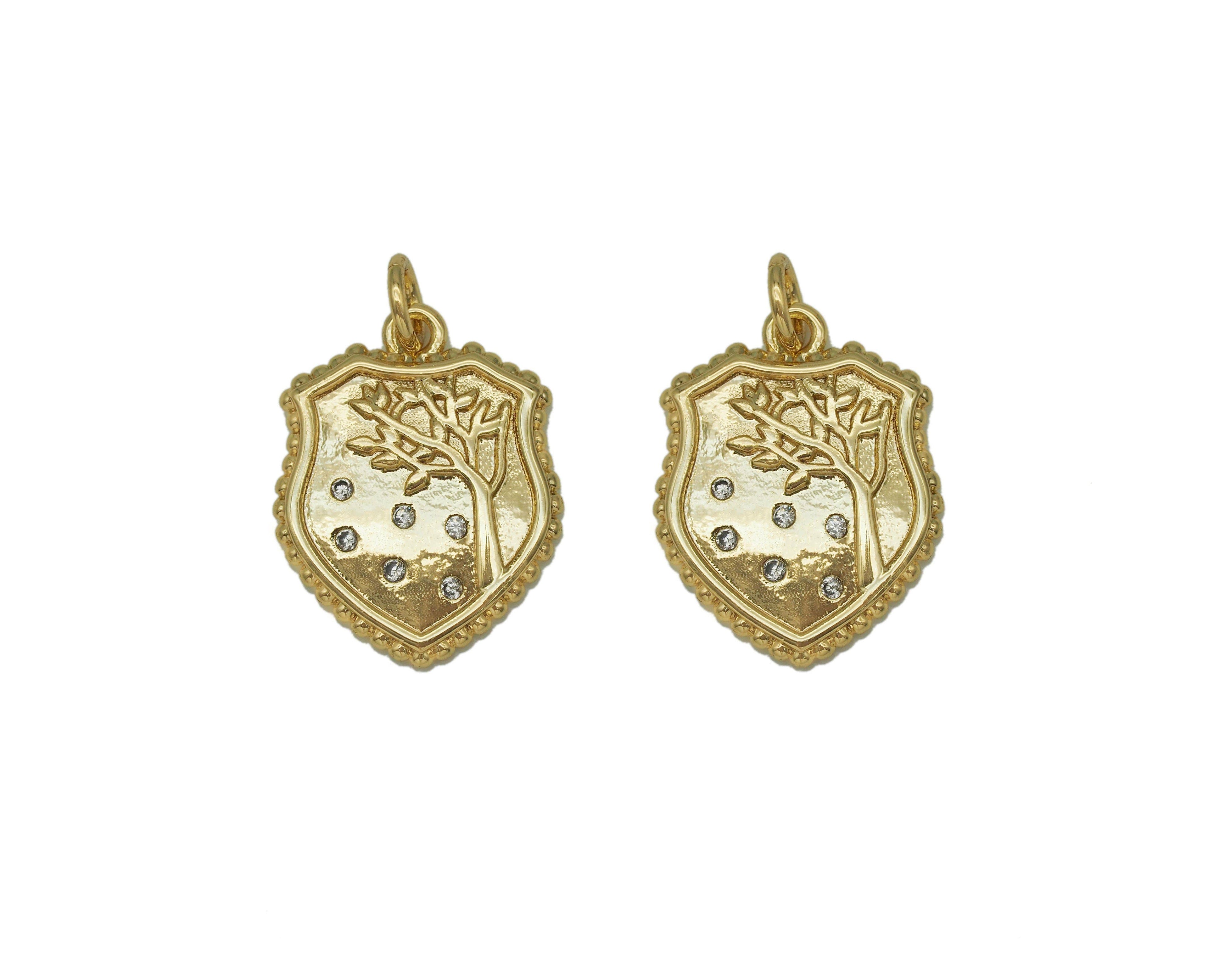 CZ Gold Tree On Shield Charm, Sku#F1479C