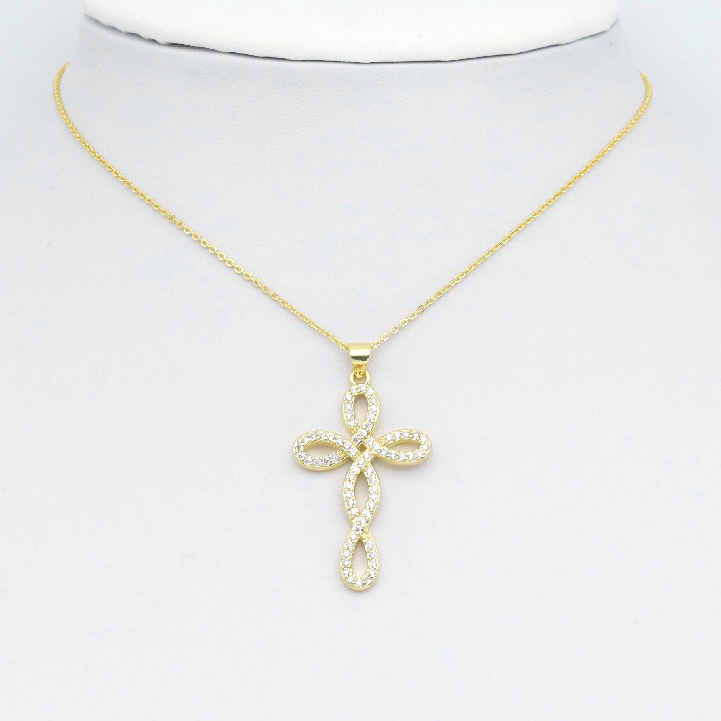 Gold Silver Clear CZ Flower Cross Charm Pendant, Sku#LD631