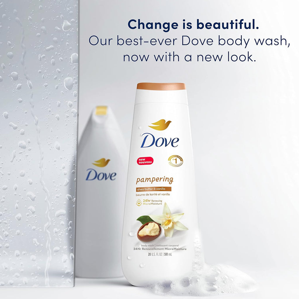 Gel douche Dove 4 unités au beurre de karité et à la vanille pour une peau renouvelée et d'apparence saine Nettoyant doux pour la peau avec MicroHydratation renouvelante 24h 591 ml