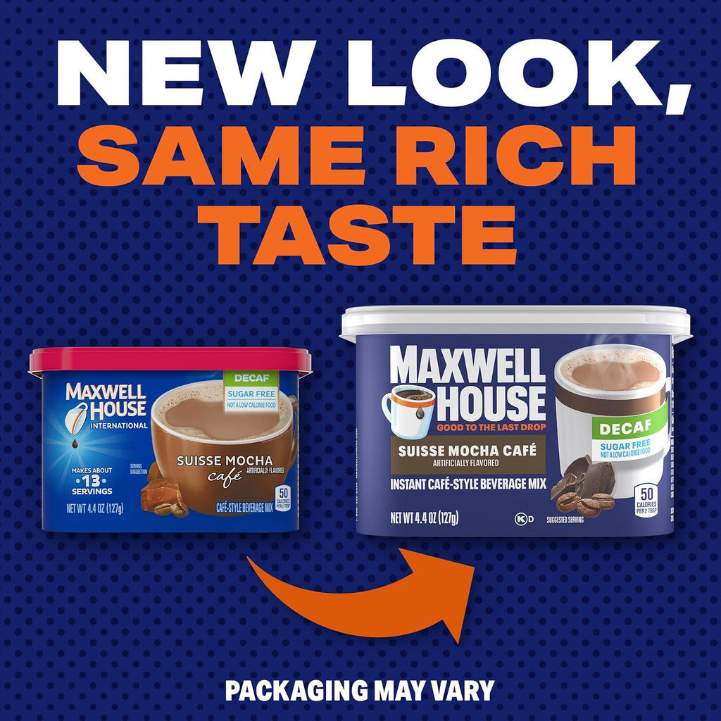Mélange pour boisson instantanée style café Maxwell House, décaféiné et sans sucre, facile à préparer, 1 boîte, pour un café rapide le matin ou une gâterie l'après-midi, Café mocca suisse, lait casher, 124 g