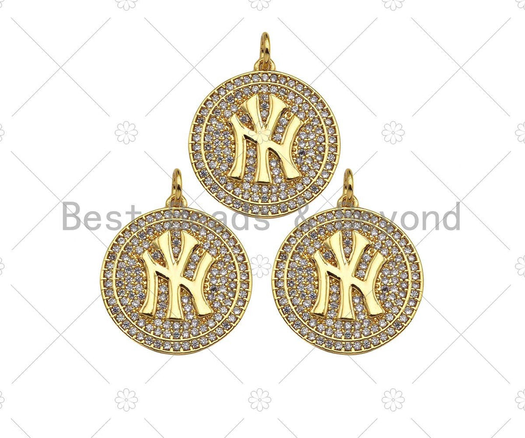 Gold Filled New York Yankees Logo On Round Cion Shape Pendant, 18K Gold Filled Medallion Charm,Necklace Bracelet Charm,20x22mm,Sku#F1399