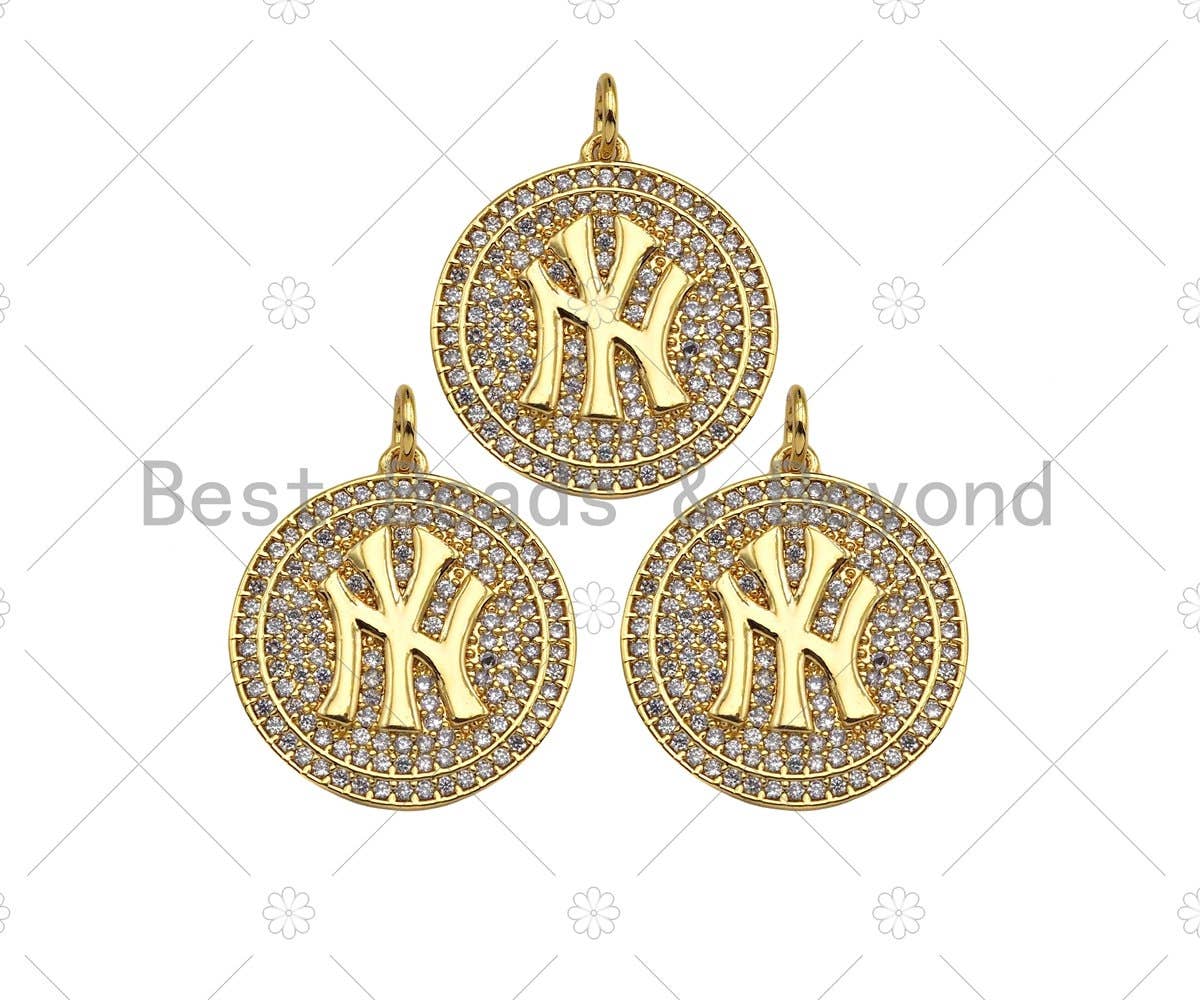 Gold Filled New York Yankees Logo On Round Cion Shape Pendant, 18K Gold Filled Medallion Charm,Necklace Bracelet Charm,20x22mm,Sku#F1399