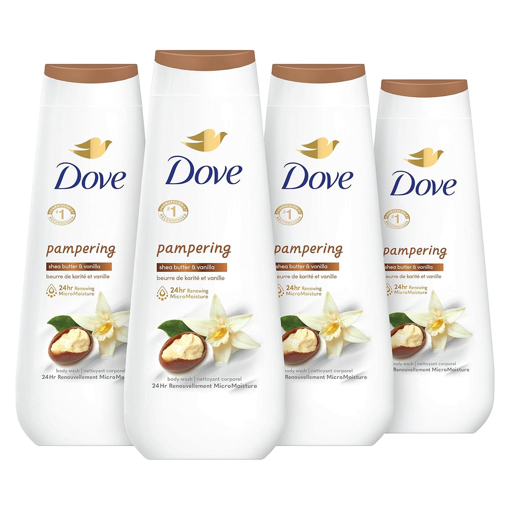 Gel douche Dove 4 unités au beurre de karité et à la vanille pour une peau renouvelée et d'apparence saine Nettoyant doux pour la peau avec MicroHydratation renouvelante 24h 591 ml