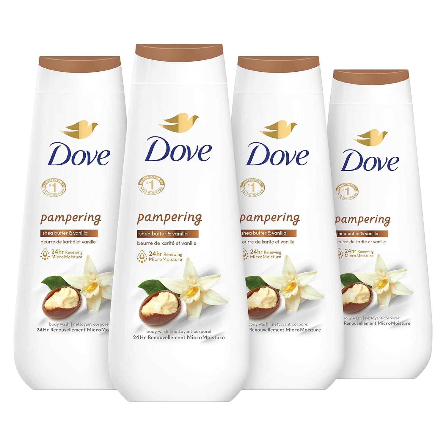 Gel douche Dove 4 unités au beurre de karité et à la vanille pour une peau renouvelée et d'apparence saine Nettoyant doux pour la peau avec MicroHydratation renouvelante 24h 591 ml