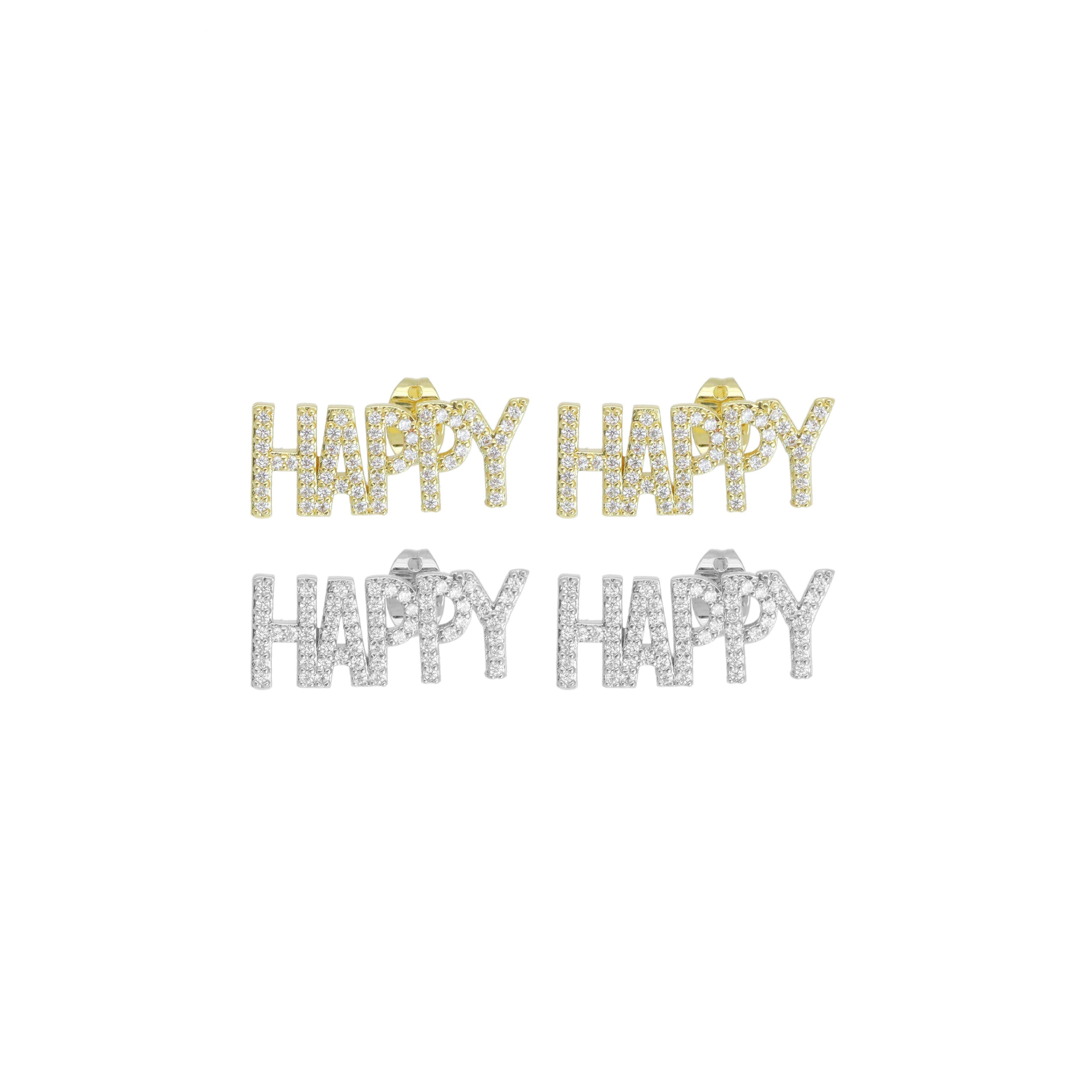 Clear CZ Happy Gold Stud Earrings, Sku#A344